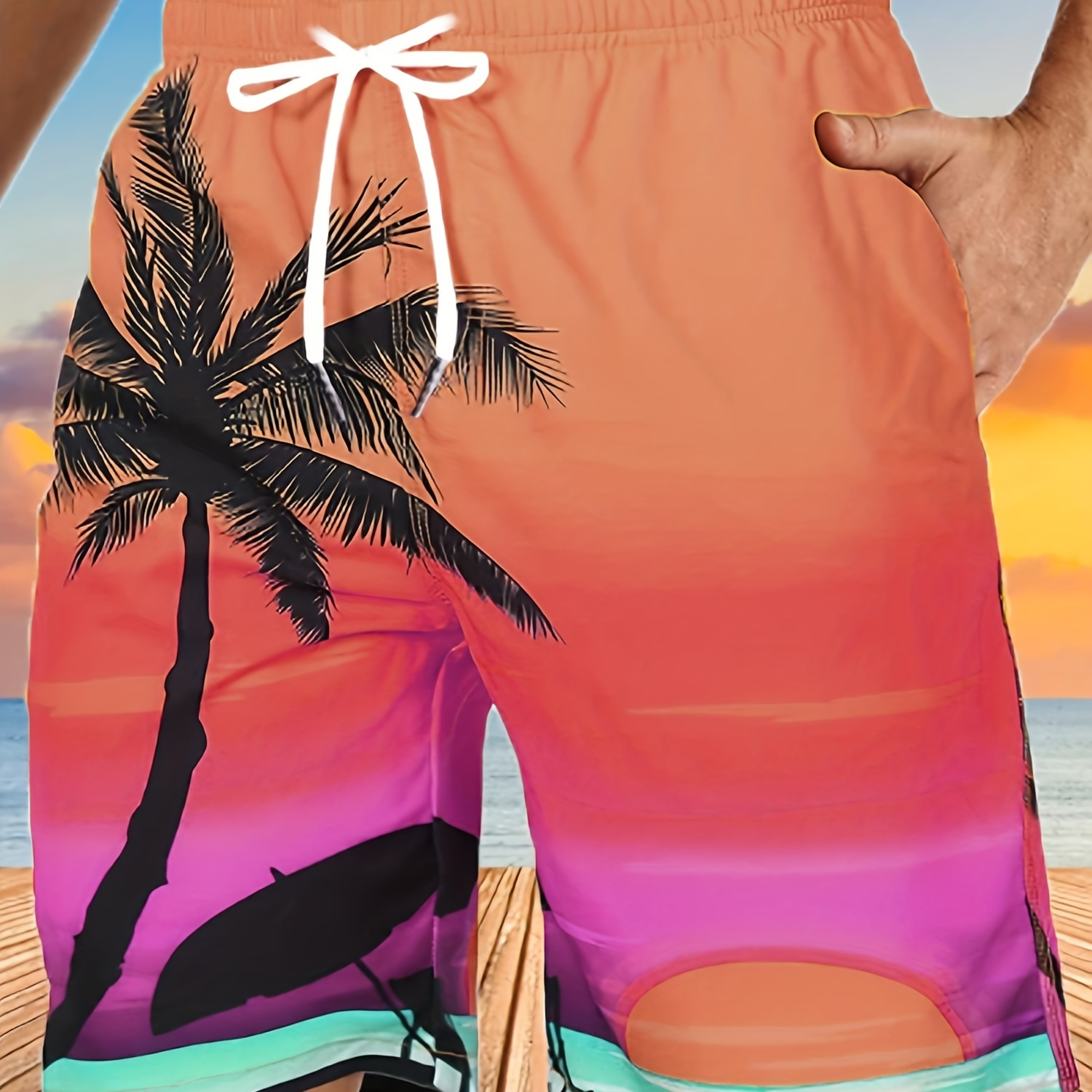 Pink Beach Print Beach Shorts, Quick-drying Drawstring Swim Trunks, Swim Shorts For Summer Beach Pool, Men's Swimwear Plus Size