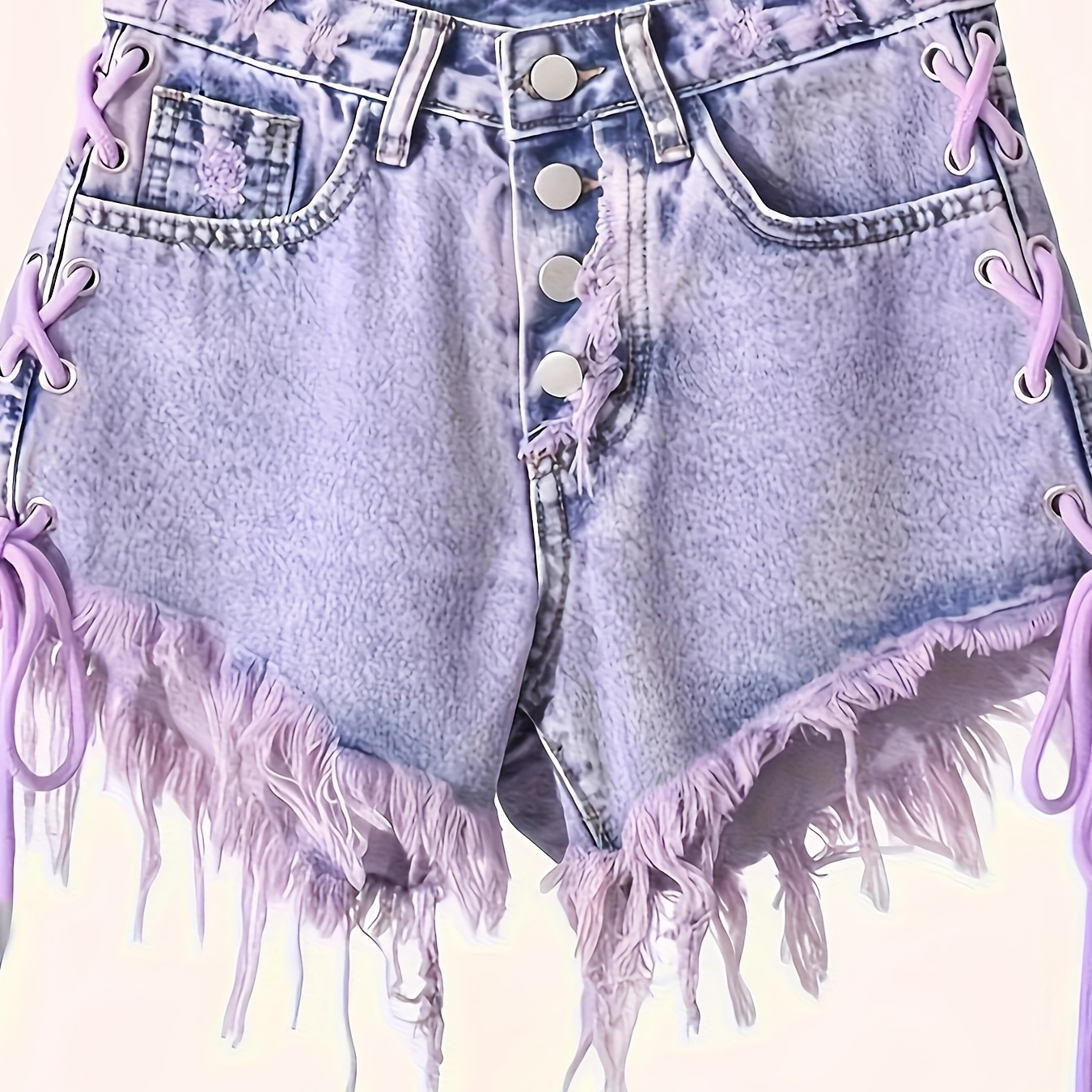 

Women's Fashion Distressed Denim Shorts, Sexy Frayed Hem Jean Hot Pants With Snowflake Washed Lace Up Side, Button-front Closure, Summer Streetwear