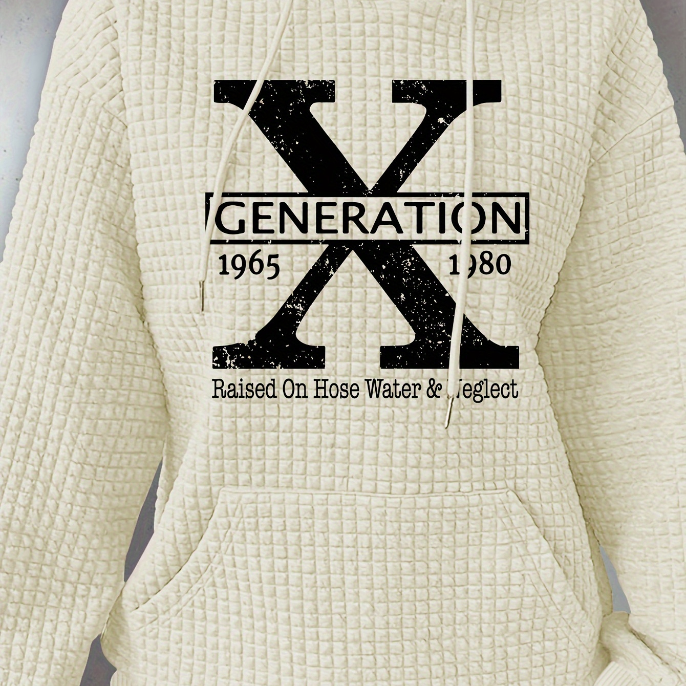 

Generation X Alphabet Print Waffle Knit Hoodie - Casual Polyester Blend Hooded Sweatshirt With Applique, Long Sleeves, Regular Length - Fall/