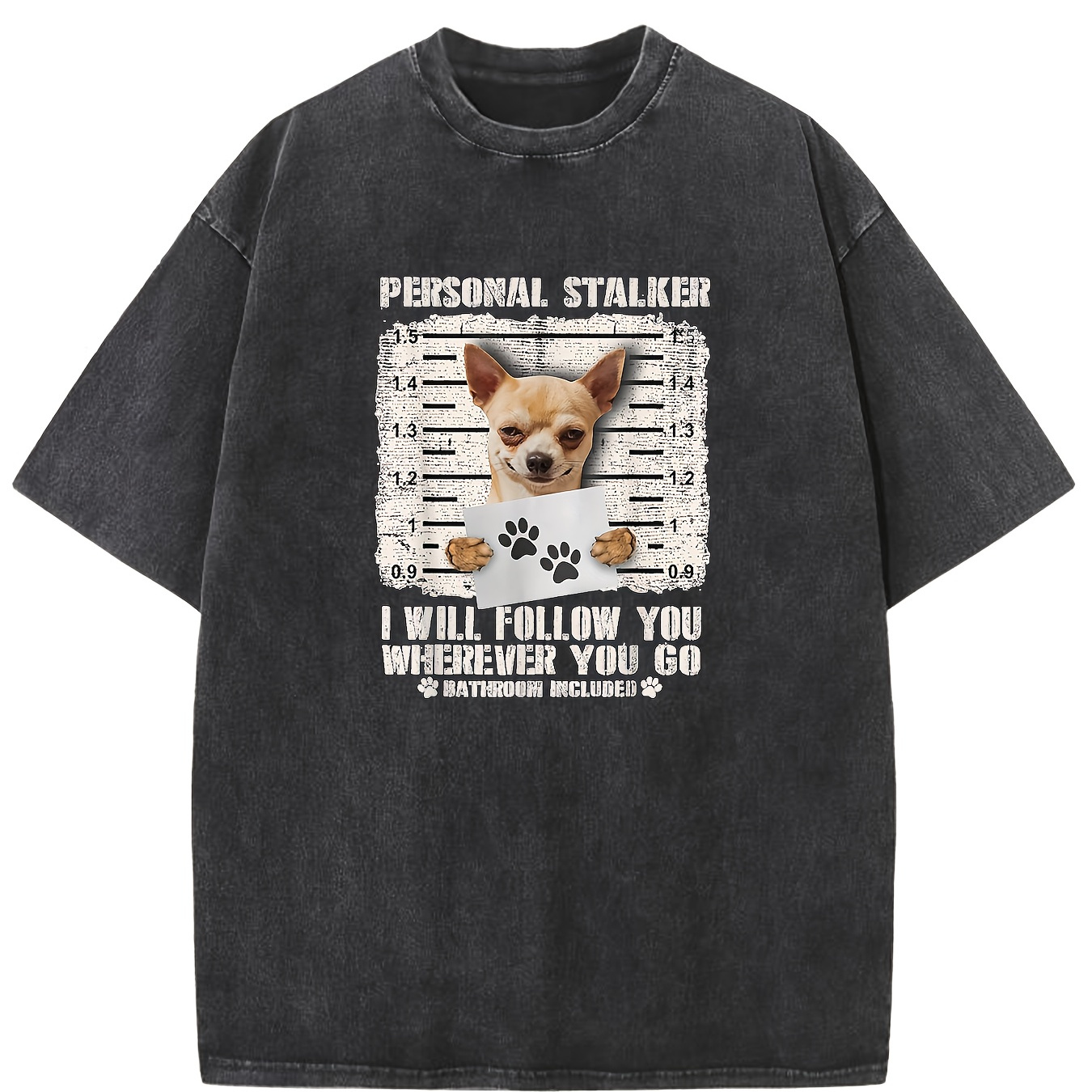 

1 Personal Tracking Chihuahua Arrested Prison Photo Funny Print, Men's Retro Streetwear Basic T-shirt Loose Hip Hop Neutral Top Washed Cotton Short Sleeve Crew Neck T-shirt, Summer Outdoor Men's Wear