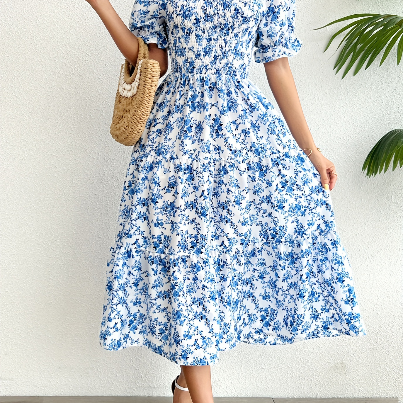 

Ditsy Floral Print Shirred Dress, Elegant Puff Sleeve Midi Dress, Women's Clothing