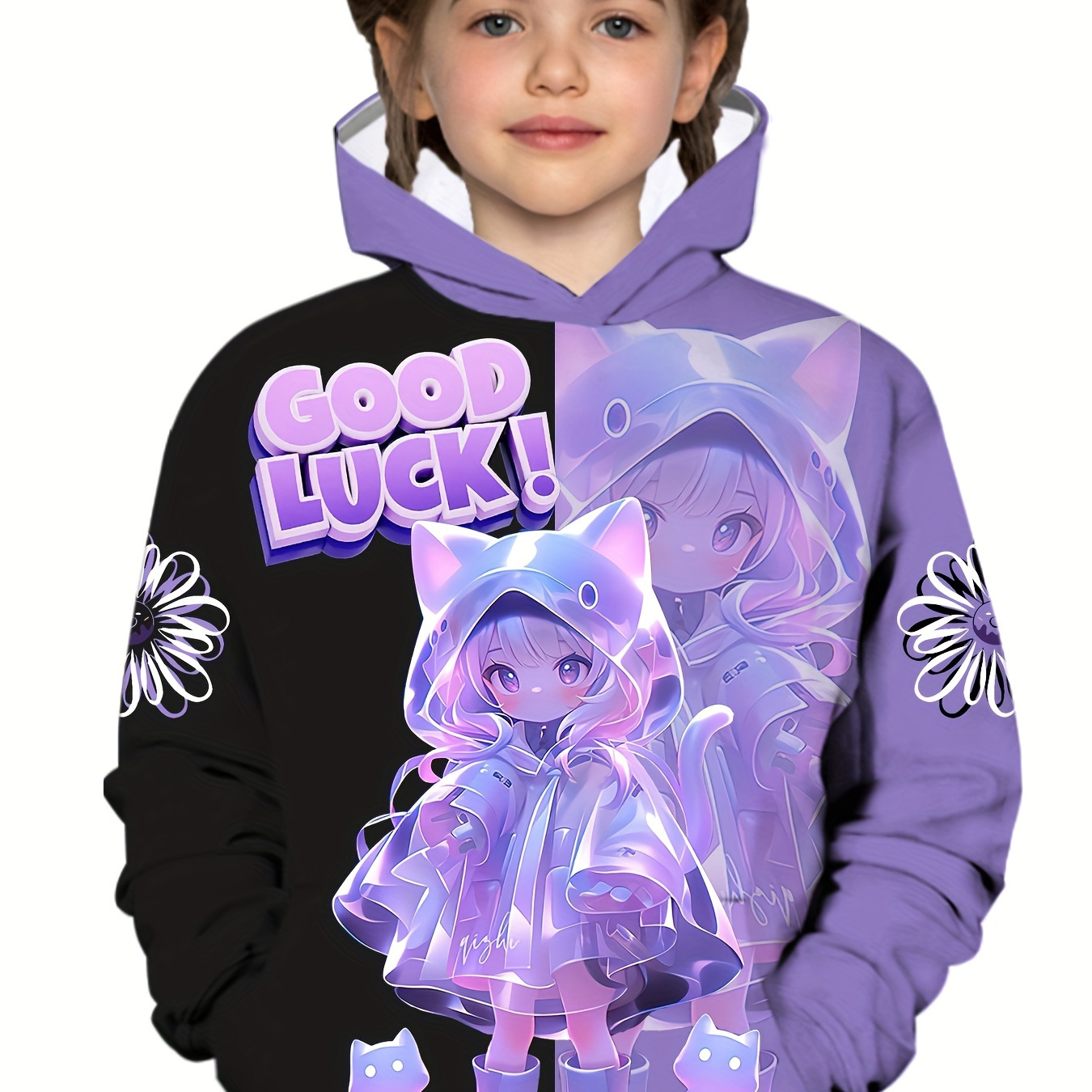 

Girls' Casual Hoodie Sweatshirt With Anime Cute Girl Print, Breathable Polyester Fabric, Soft And Cozy, Suitable For Fall And Winter
