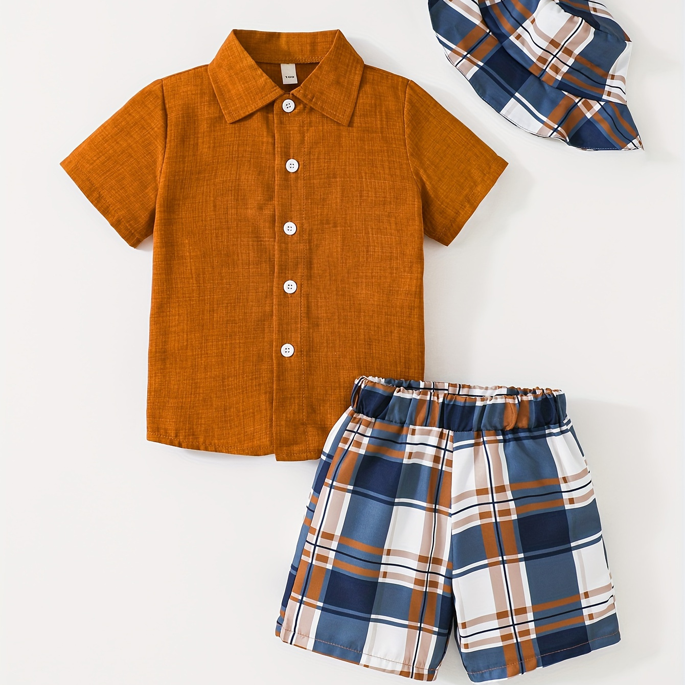 

3pcs-boys' Solid Color Shirt Plaid Shorts Hat Three-piece Suit Casual Tie-in Solid Color Jacket Shorts Suit New Summer Comfortable Handsome Casual Suit