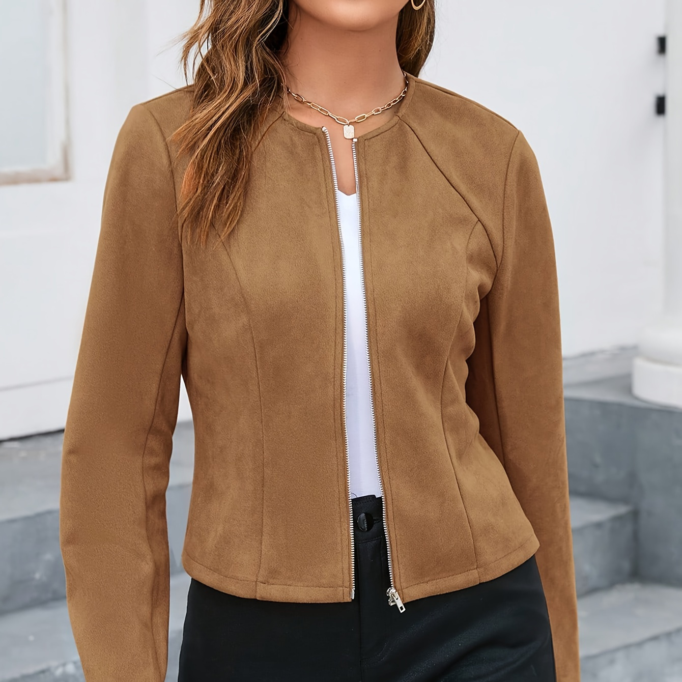 

Solid Color Long Sleeve Jacket, Casual Full Zip Jacket For Spring & Fall, Women's Clothing