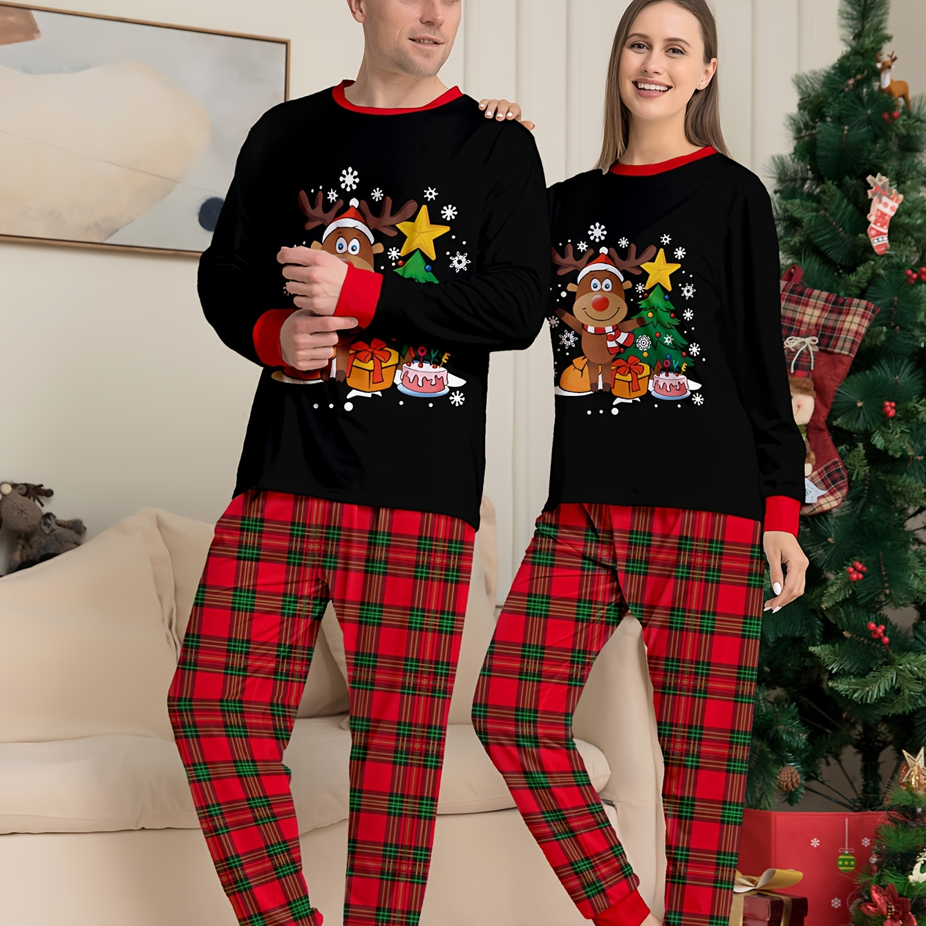 

Men's Cozy Christmas Pajama Set - Snowman & Tree Print, Long Sleeve Crew Neck Top And Pants, Soft Polyester , Machine Washable - Fall/winter