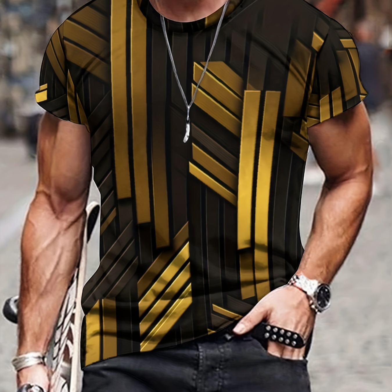 Men's Gold & Black Stripes Print T-shirt, Active Comfy Slightly Stretch Crew Neck 3D Print Tee, Men's Clothing For Summer Outdoor