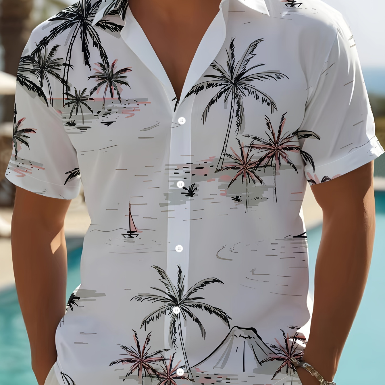 

Palm Trees Pattern Print Men's Short Sleeve Lapel Shirt Top, Male Casual Button Up Shirt For Daily And Vacation Resorts