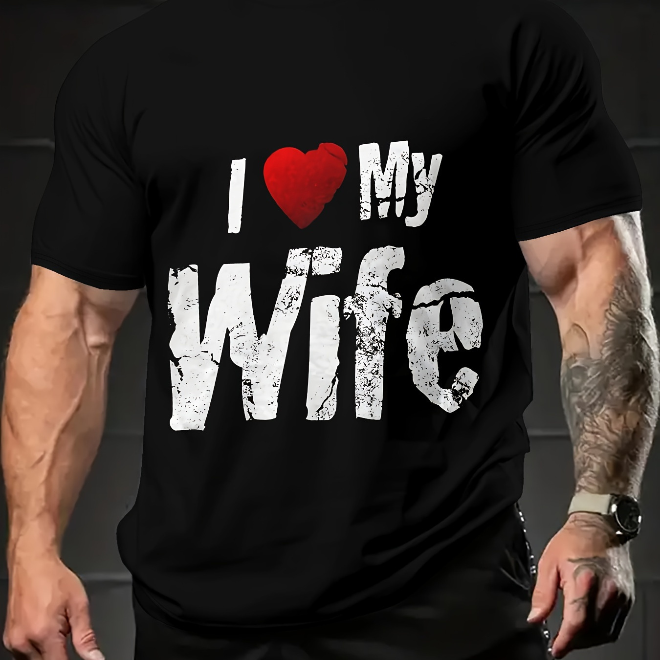 

Romantic Slogan I Love My Wife Print Men's Fashionable Summer Short Sleeve Sports Crew Neck T-shirt, Comfy Trendy Tee, Comfortable And Versatile