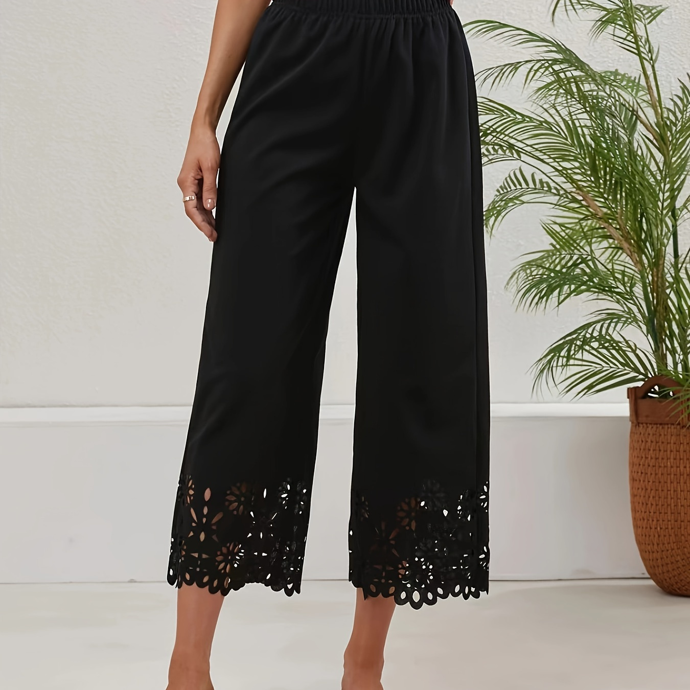 

Lace Stitching Wide Leg Pants, Casual Waist Solid Pants, Women's Clothing