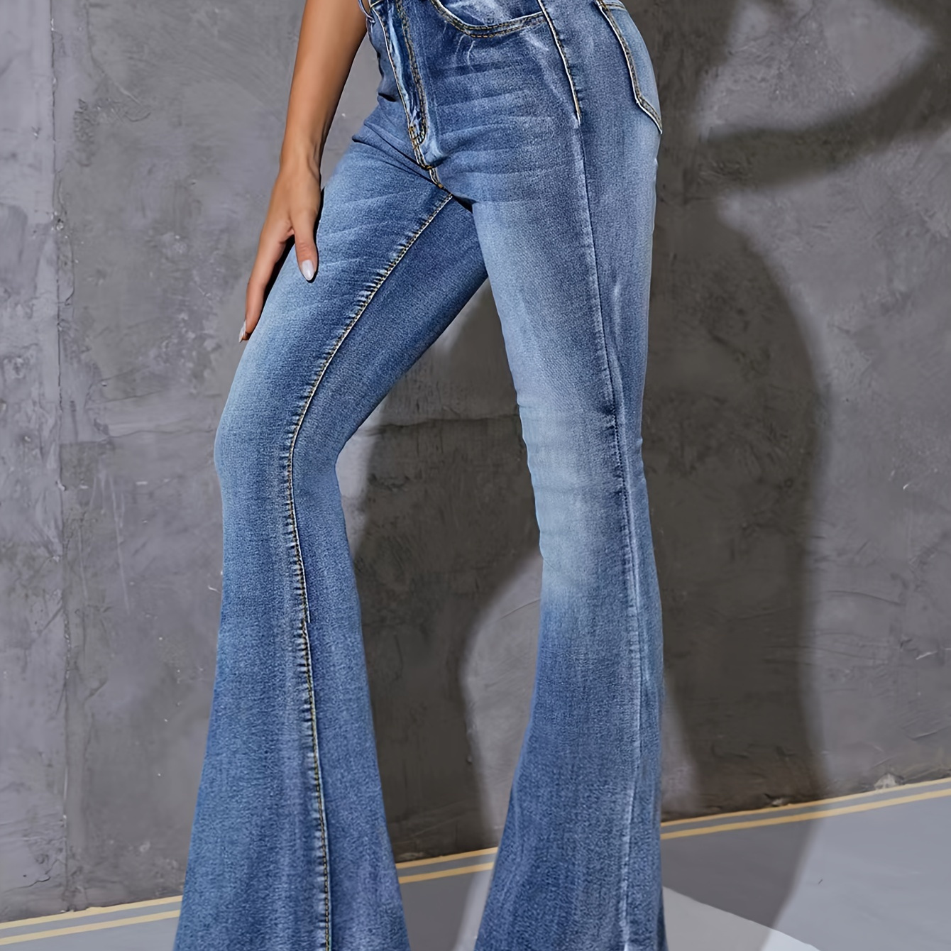 

High Stretch Washed Flare Jeans, Slant Pockets Whiskering Bell Bottom Jeans, Women's Denim Jeans & Clothing