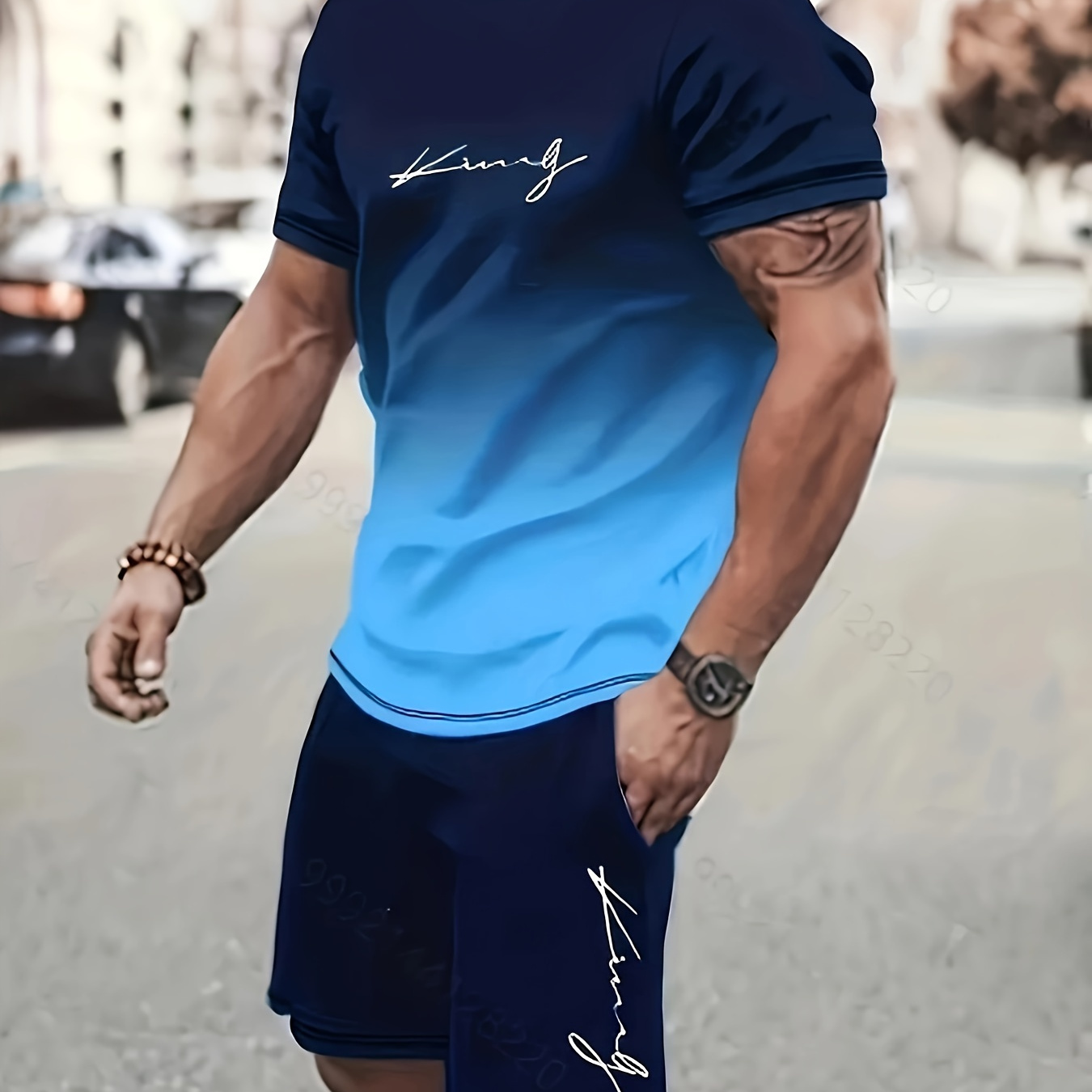 

Men's Outfit, Gradient Color King Print Casual Crew Neck Short Sleeve T-shirt & Shorts 2-piece Set For Summer Outdoor Activities