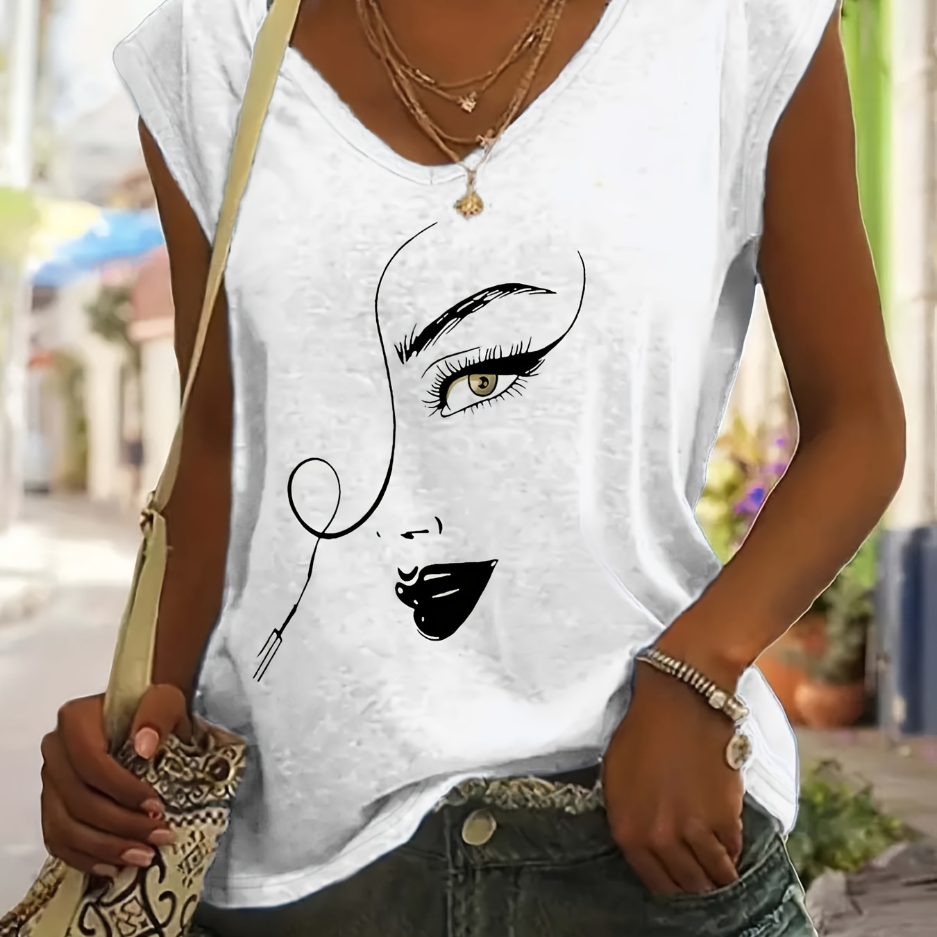 

Facial Pattern V Neck T-shirt, Casual Cap Sleeve T-shirt For Spring & Summer, Women's Clothing