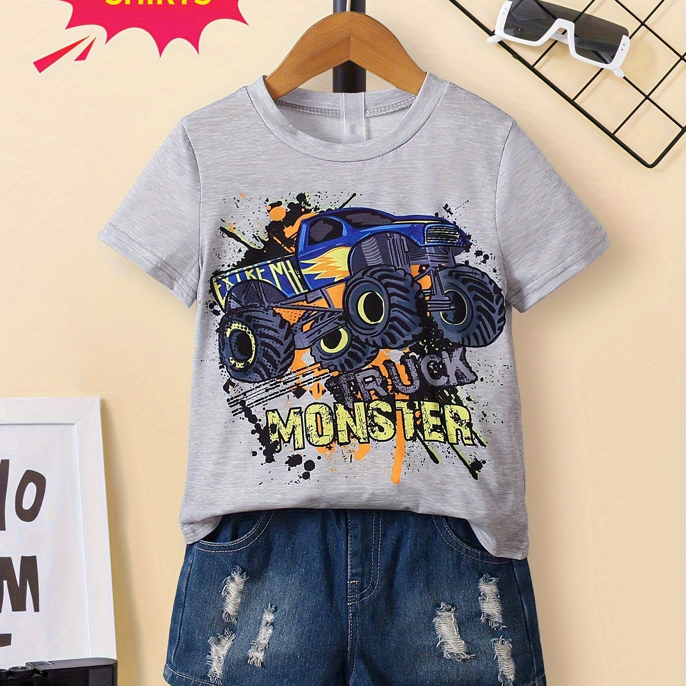 

Cool Truck Print T-shirt, Tees For Boys, Casual Short Sleeve T-shirt For Summer Spring Fall