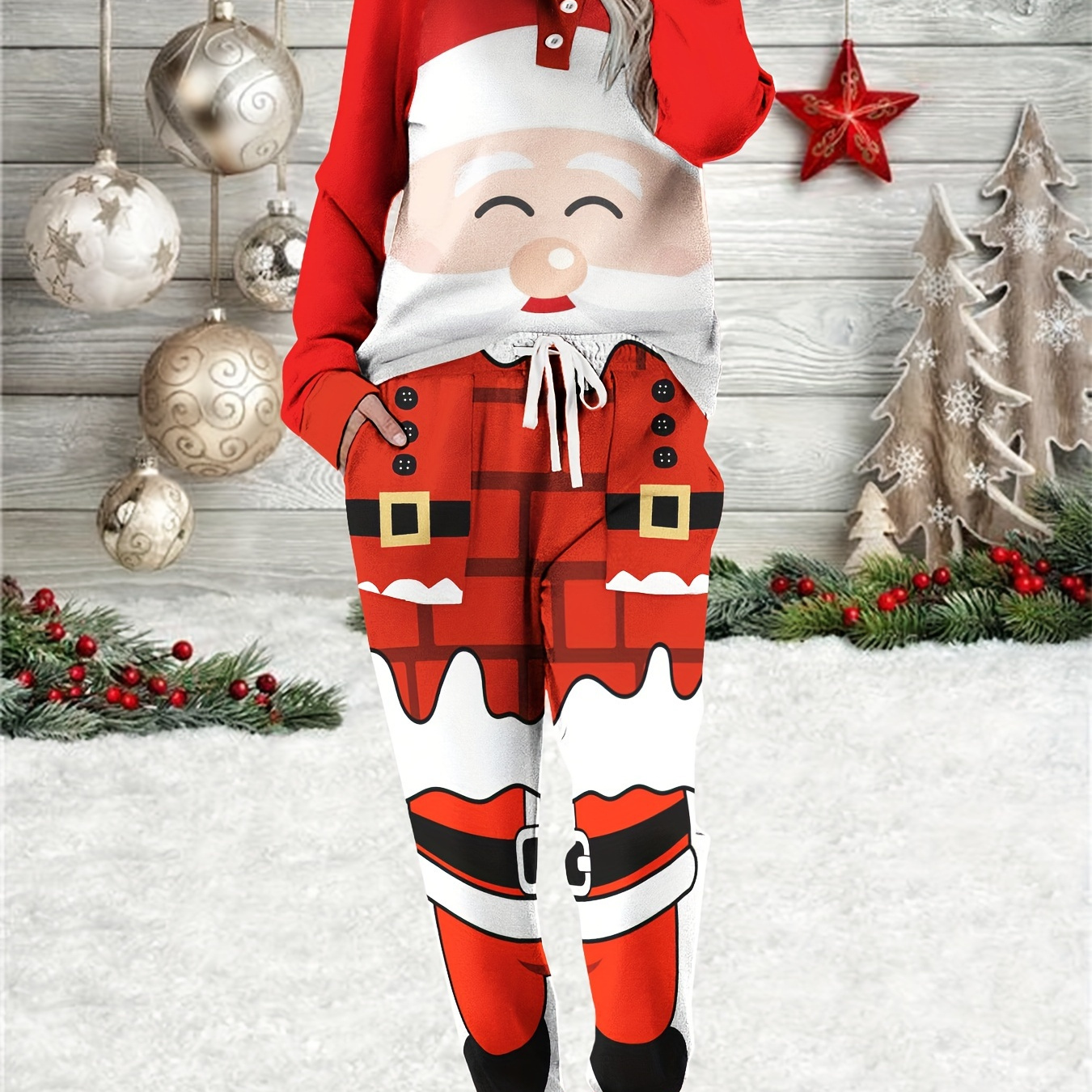 

2 Pcs Santa Claus Print T-shirt & Pants Outfit, Christmas Long Sleeve Crew Neck T-shirt & Drawstring Slant Pockets Jogger Pants, Women's Clothing