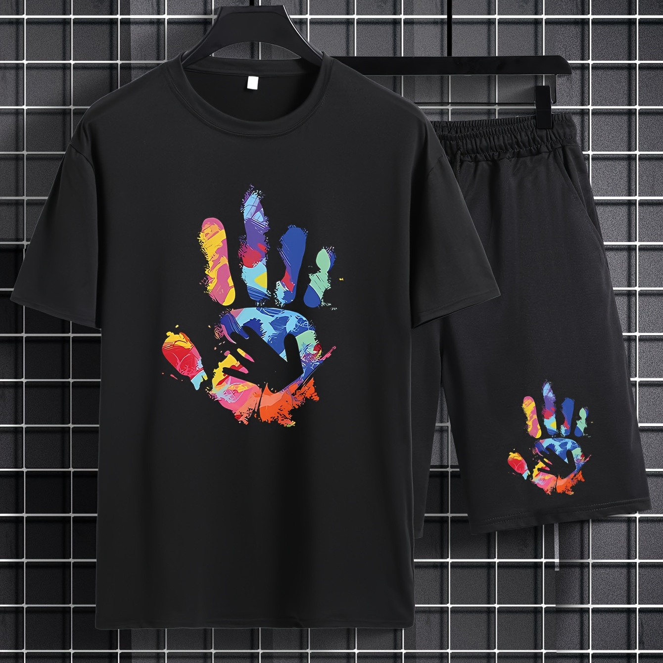 

2pcs Graffiti Palm Pattern Print Short Sleeve Round Neck T-shirt & Jogger Shorts Set, Comfy Outfits For Men Sports Summer Clothes