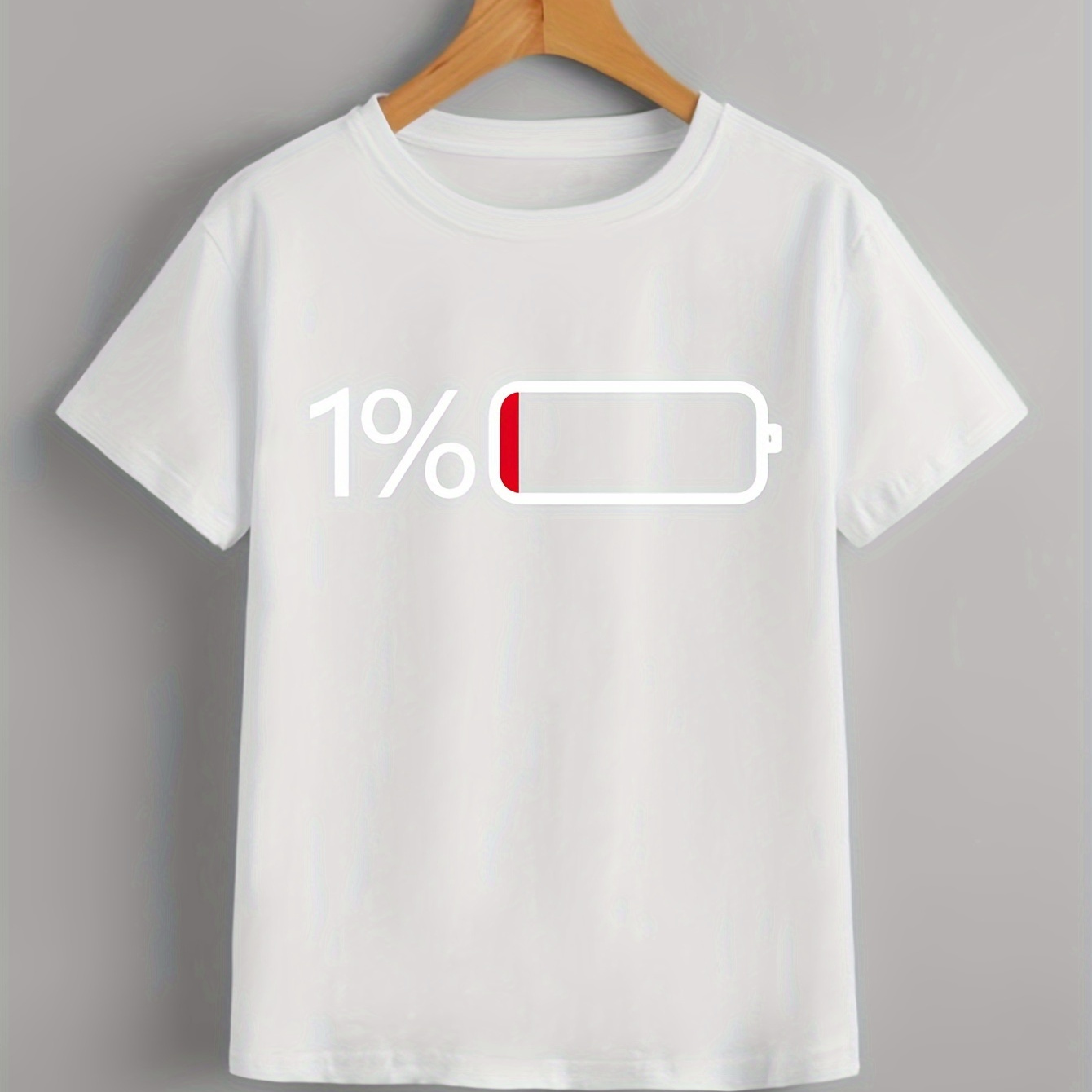 

1% Battery Print Boy's Casual T-shirt, Vibrant Comfortable Short Sleeve Top, Boys Summer Clothing