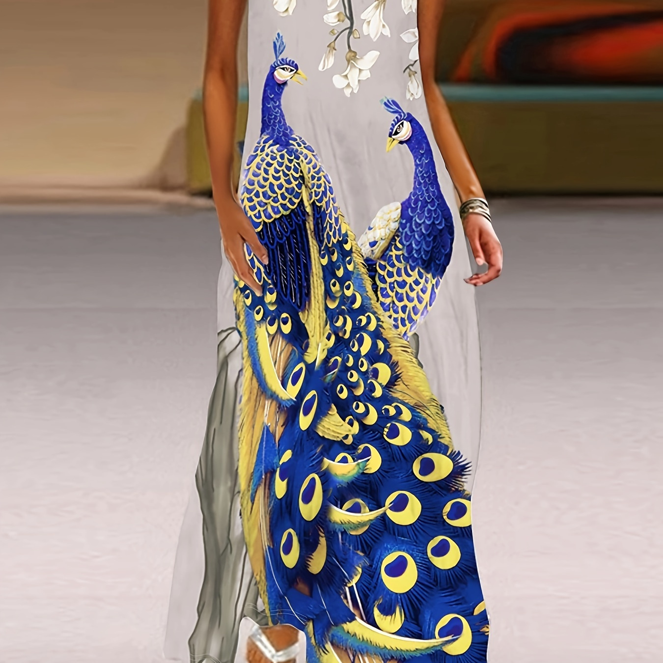 

Peacocks & Floral Print Tank Dress, Elegant Notch Neck Sleeveless Dress, Women's Clothing