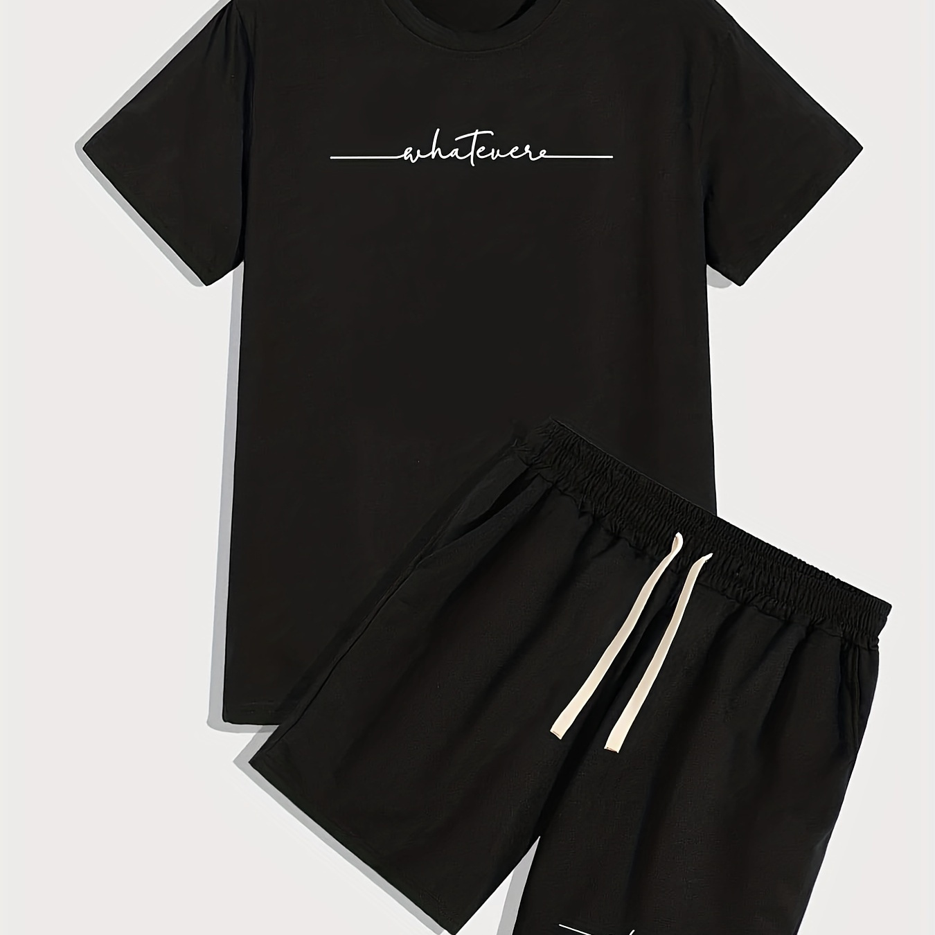 

Simple Letter Print, Men's 2pcs, Comfy T-shirt And Casual Drawstring Shorts Set For Summer