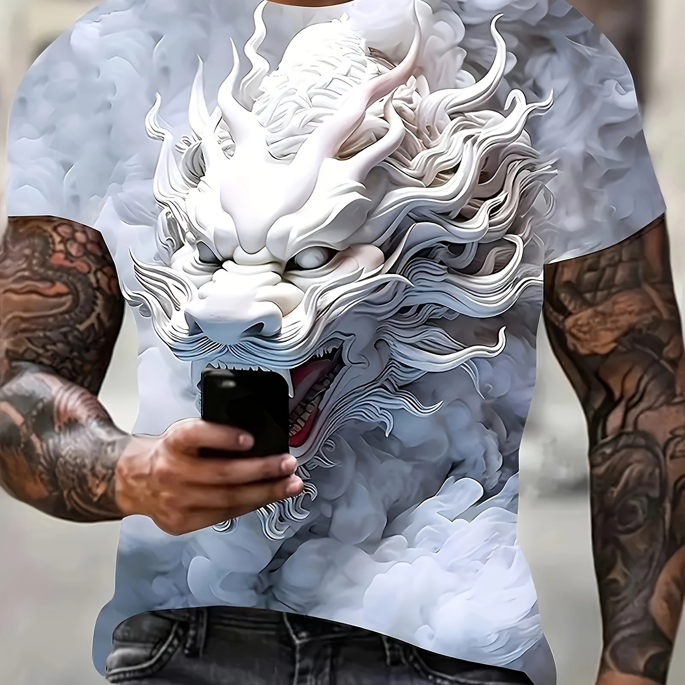 

Cool White Dragon 3d Graphic Print Men's Novelty Short Sleeve Crew Neck T-shirt, Summer Outdoor