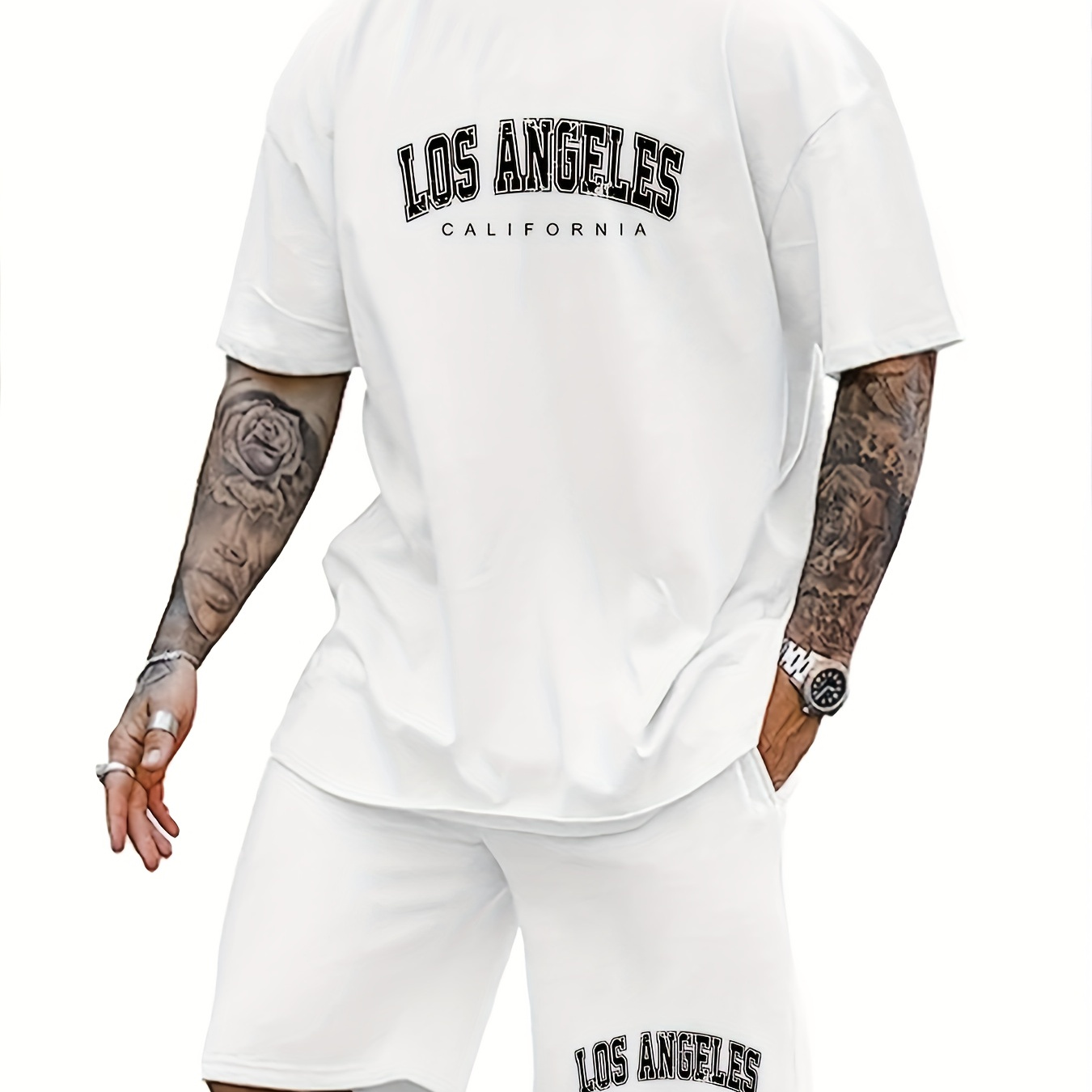 

Men's Trendy Casual Comfy Tees & Shorts, Letter Los Angeles California Graphic Print, Crew Neck Short Sleeve T-shirt & Loose Shorts With Drawstrings Pockets Home Pajamas Sets, Outdoor Sets For Summer