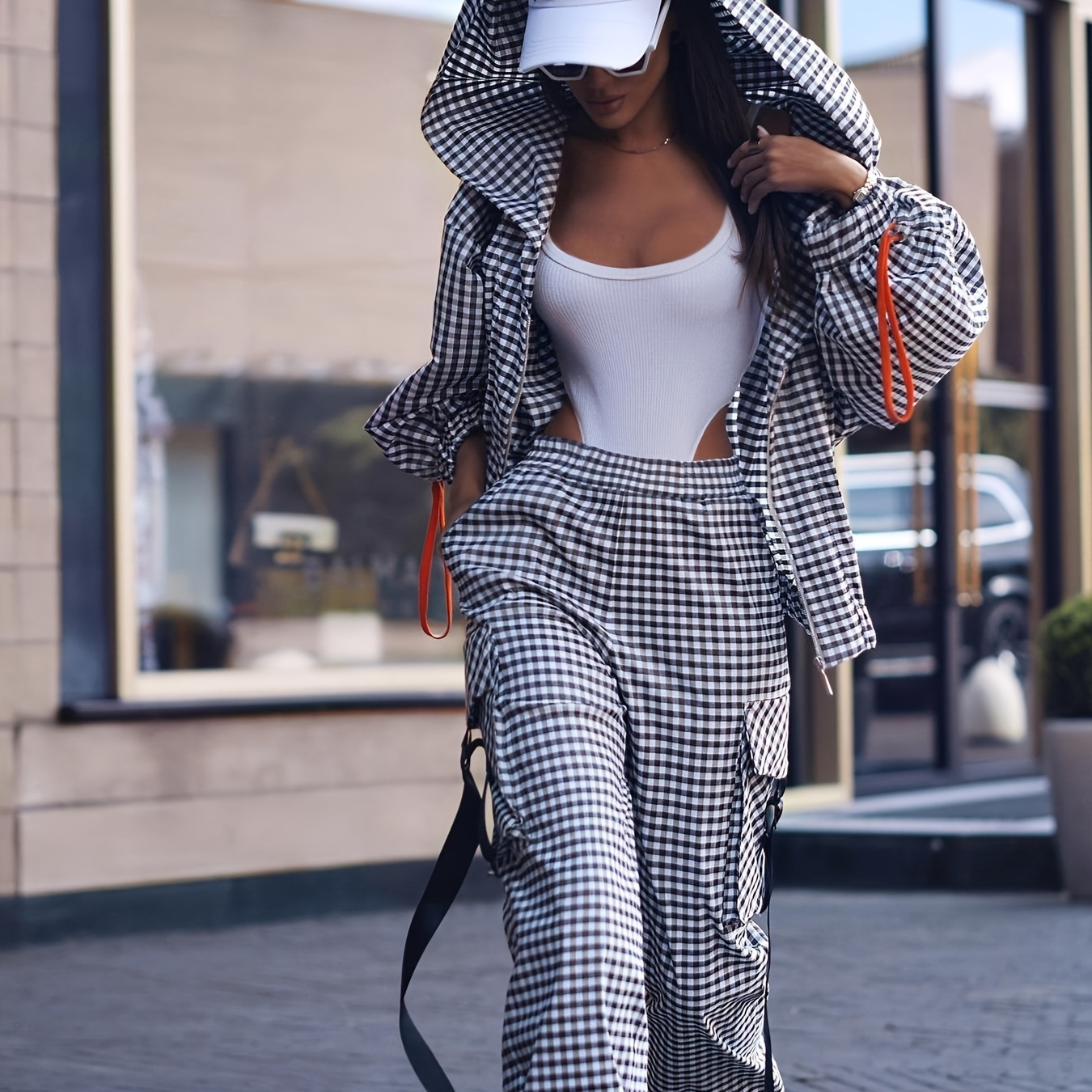 

Women's Casual Gingham Pantsuit With Lapel Collar And Zipper , Polyester Woven , With Pockets For Fall/winter Hooded Jacket And Trousers Set