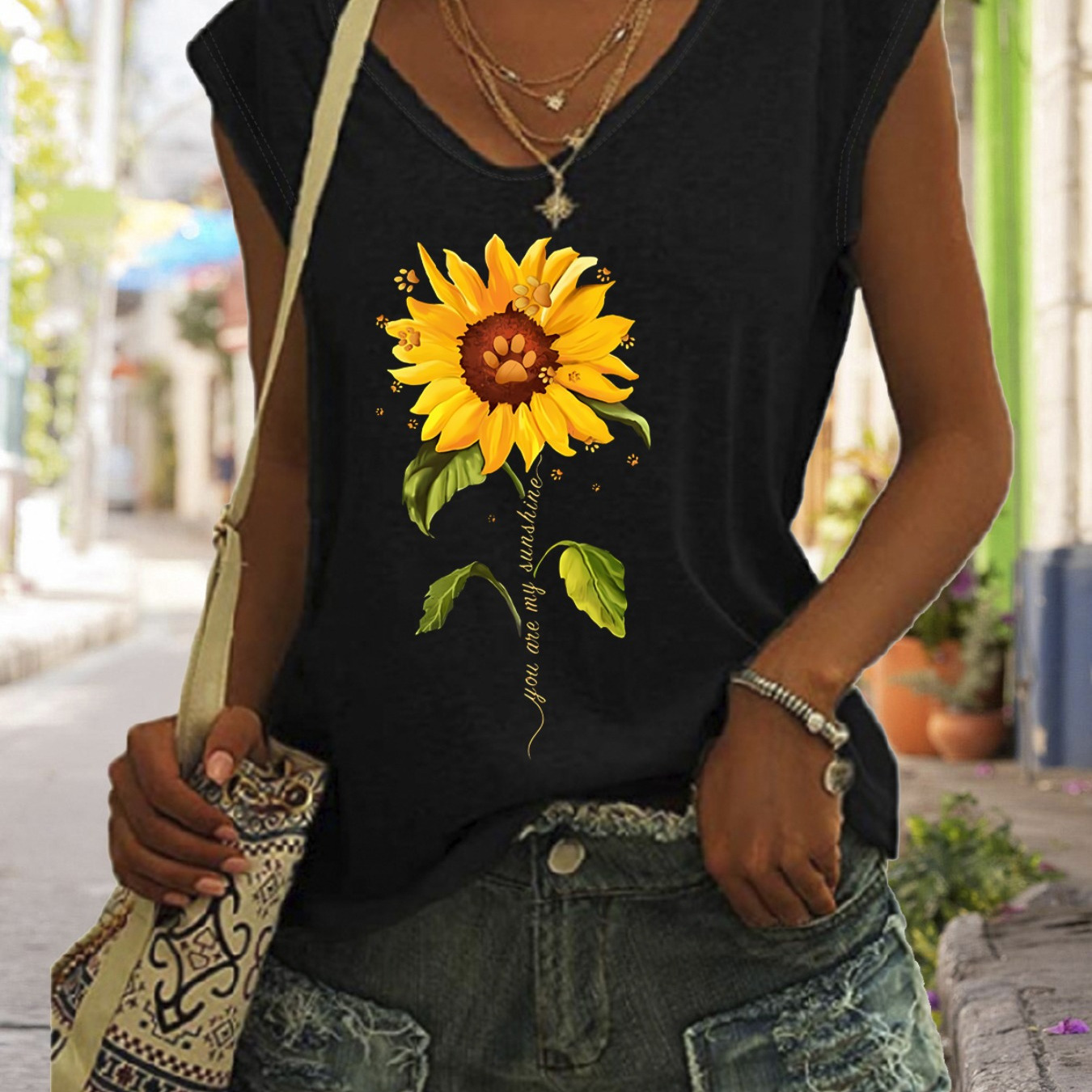 

Sunflower Print V Neck Tank Top, Cap Sleeve Casual Top For Summer & Spring, Women's Clothing