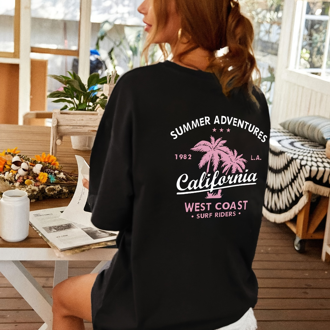 

Women's Casual Letter Print T-shirt, Comfortable Sporty Top, Loose Fit, With"california" Graphics, Summer Adventures Style