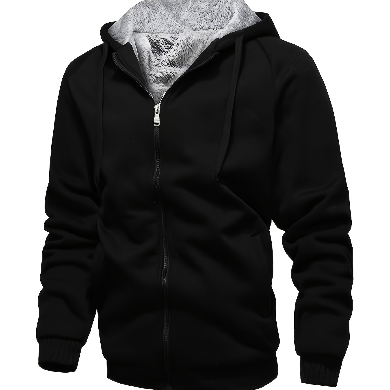 

Men's Full Zip Sherpa Lined Hoodie - Casual -polyester Jacket With Ribbed Cuffs And Drawstring Hood For Winter , Zip Up Hoodie