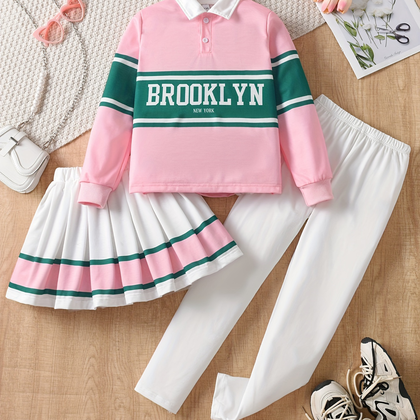 

[girls 3pcs] Cute '' Print Long-sleeve Lapel Sweatshirt + Skirt + Leggings Girl's Set, Casual Wear Spring/ Fall Clothes, Outdoor