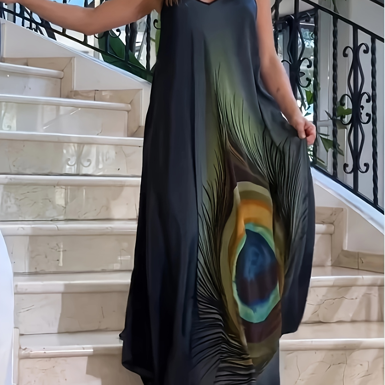 

Robe maxi manches en polyester et spandex avec imprimé , tissu tricoté légèrement extensible, silhouette grande et haute pour , tenue décontractée pour le