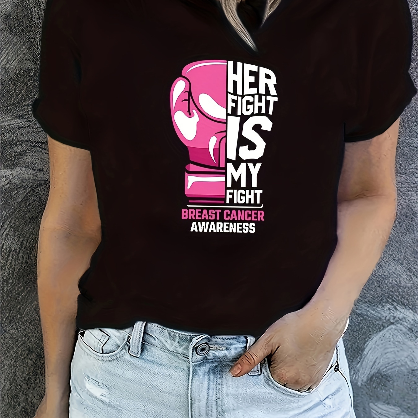 

Anti Breast Cancer Print T-shirt, Casual Crew Neck Short Sleeve Top, Women's Clothing
