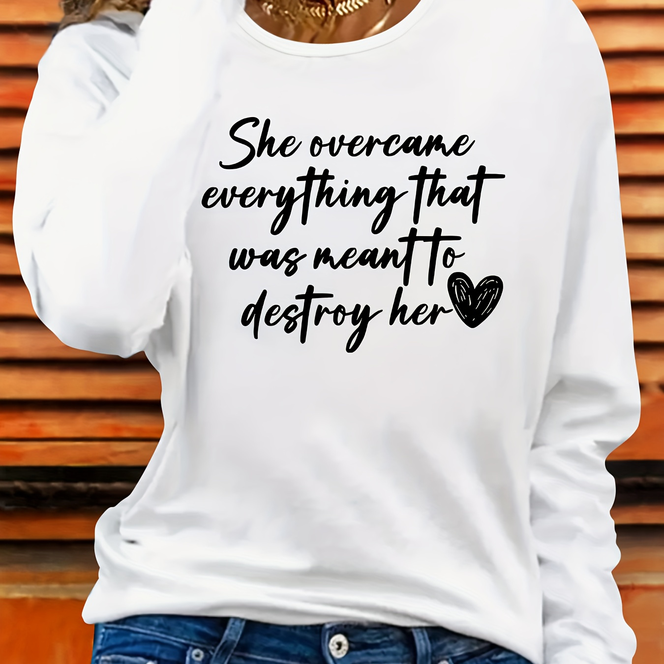 

She Overcame" Inspirational Heart Graphic Long Sleeve T-shirt - Casual Polyester Crew Neck Top, Machine Washable