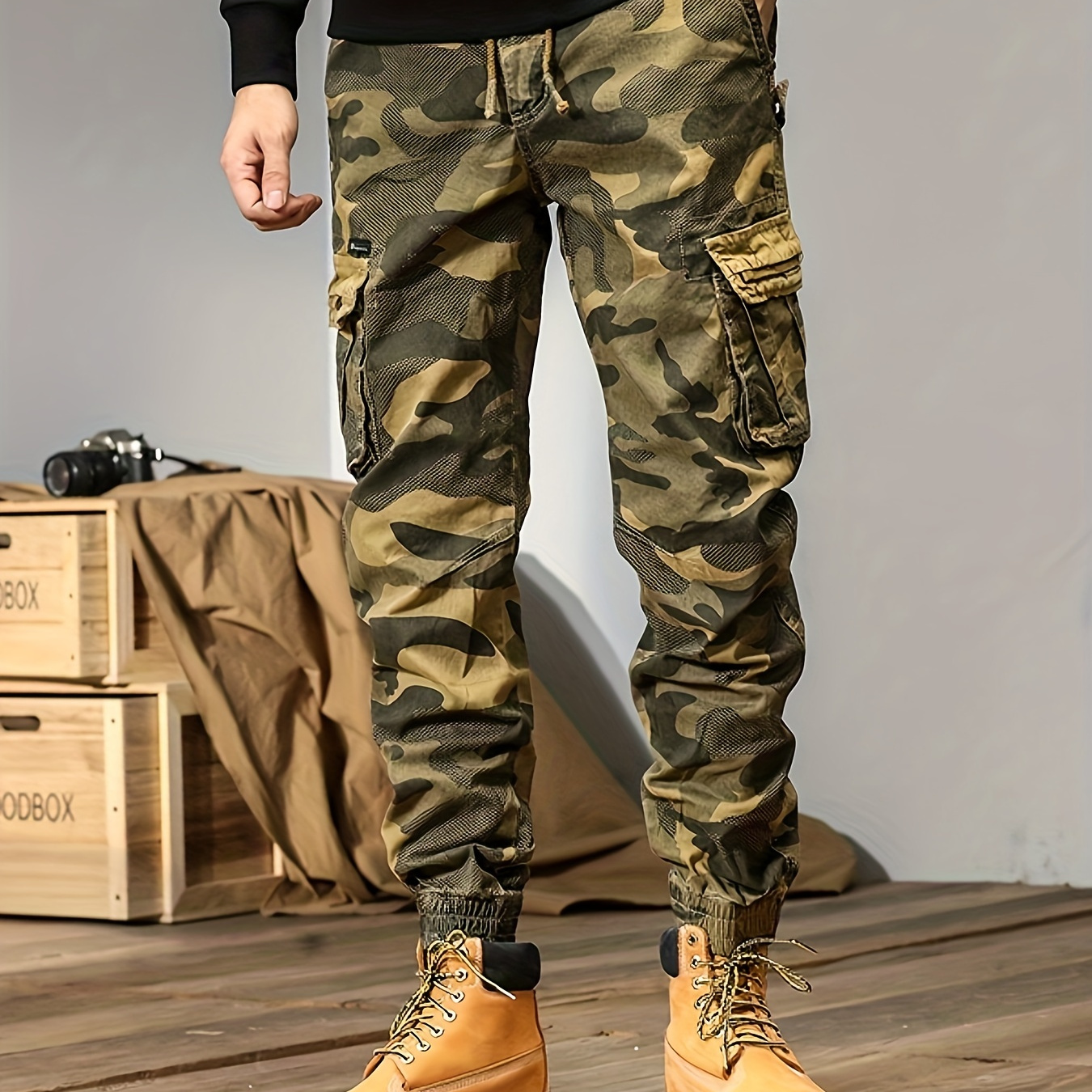 Classic Design Multi Flap Pockets Camouflage Print Cargo Pants,Men's Loose Fit Drawstring Cargo Jogging Pants,For Skateboarding,Street,Outdoor Camping