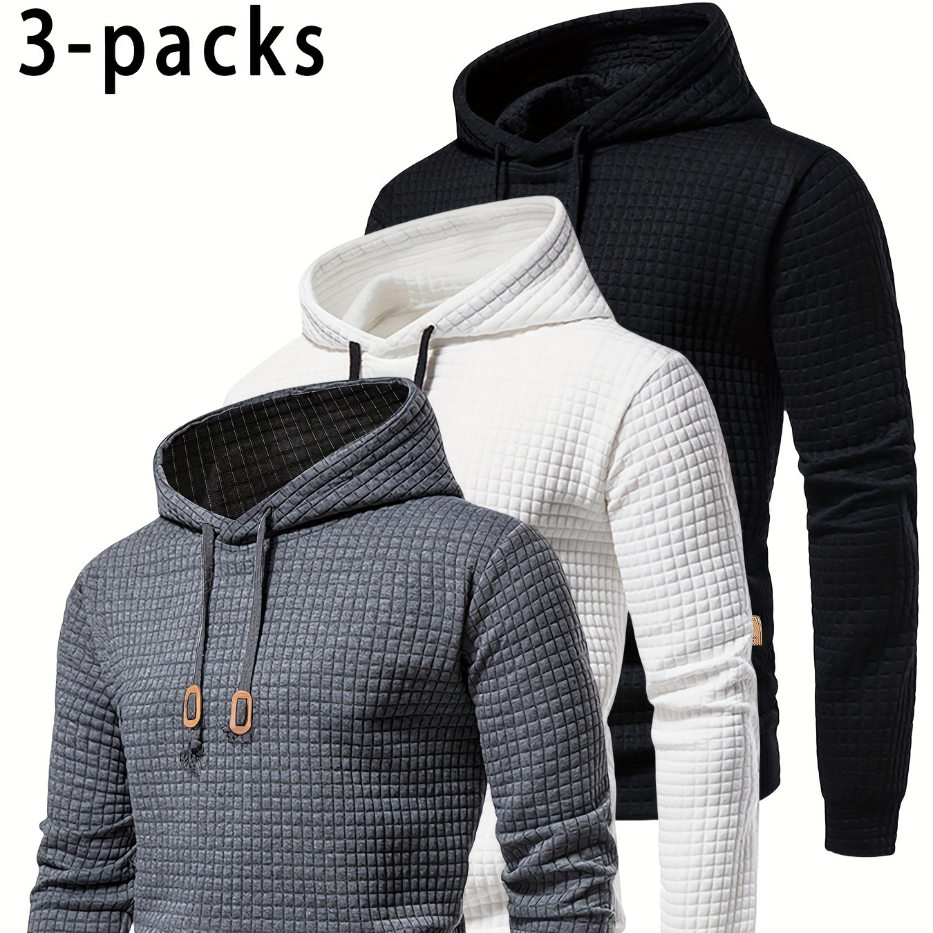 

3pcs Men' Color Waffle Textured Hooded Sweatshirts, Casual Trendy Long Sleeve Sports Top As Gift