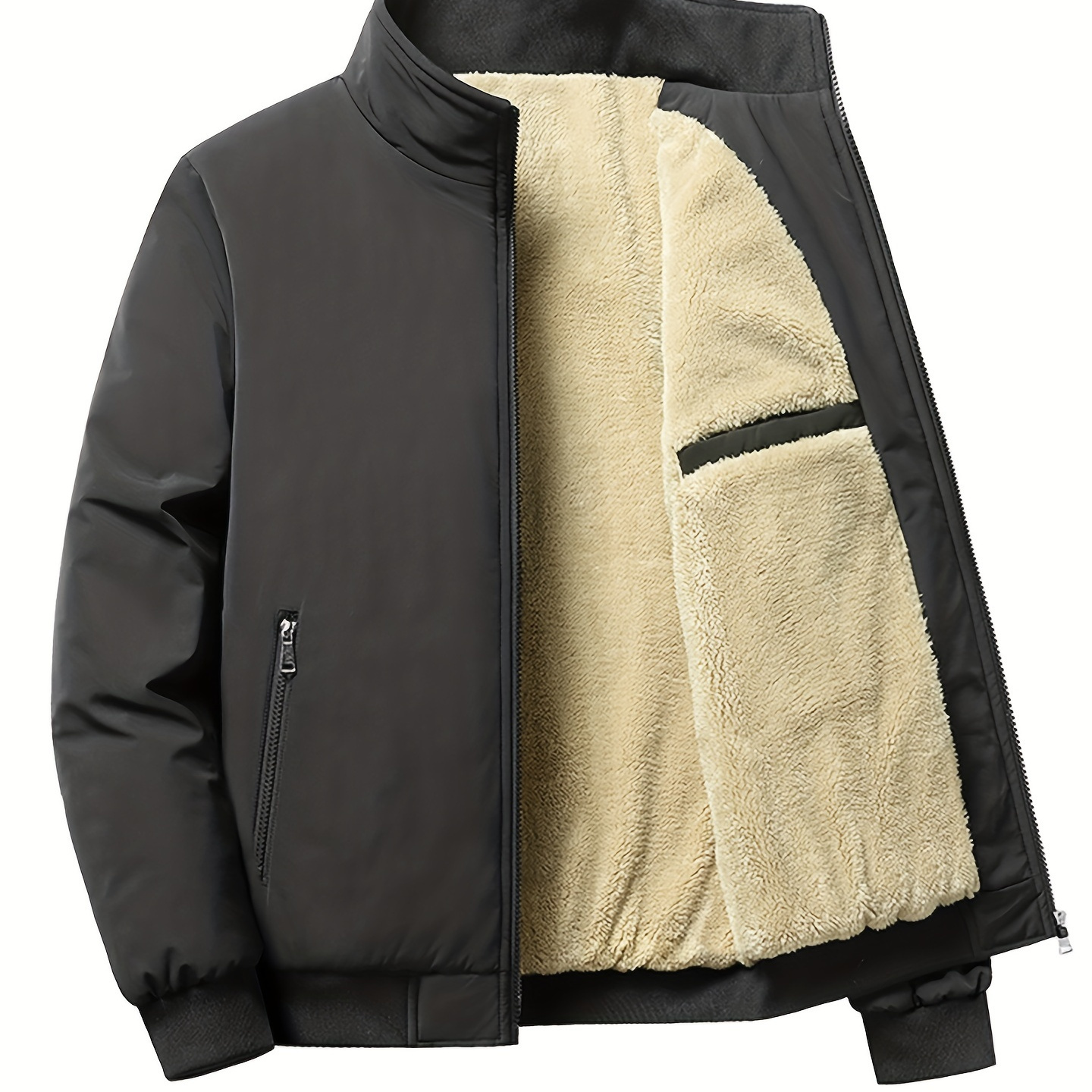 Plus Size Men's Solid Band Collar Jacket Thick Fleece Jacket For Fall Winter, Men's Clothing