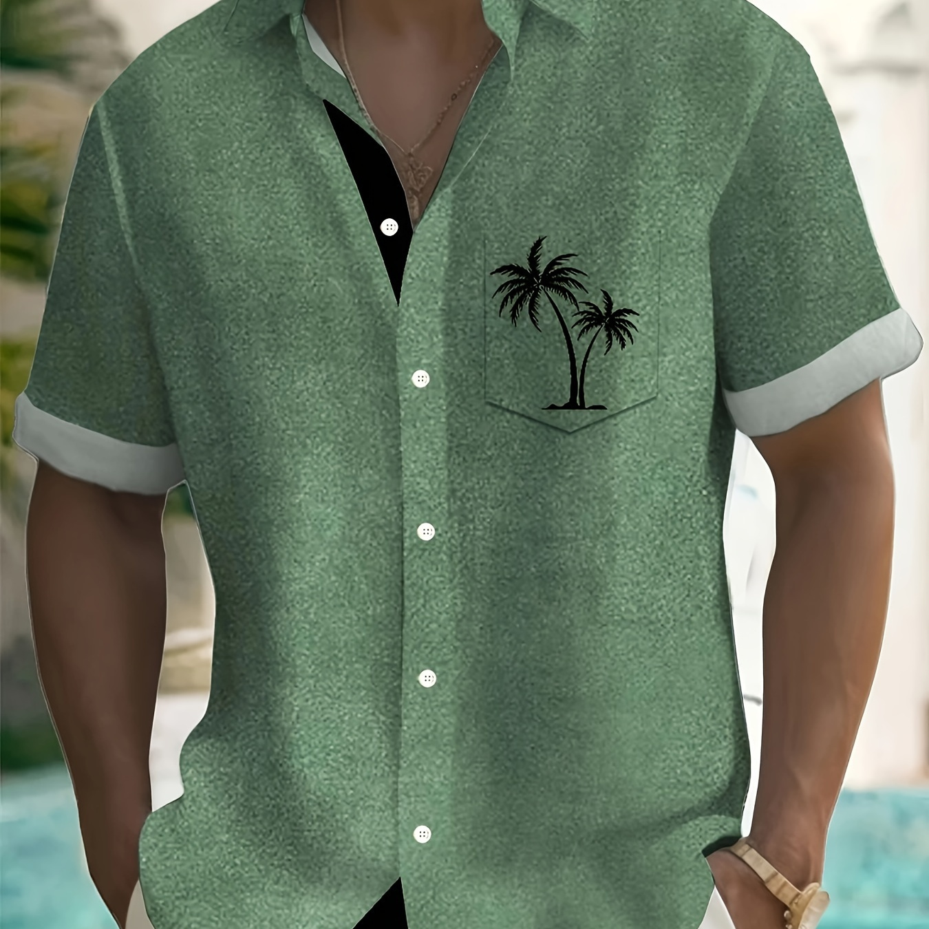 

Men's Plus Size Hawaiian Palm Tree Print Textured Pocket Short Sleeve Shirt, Casual Vacation Style