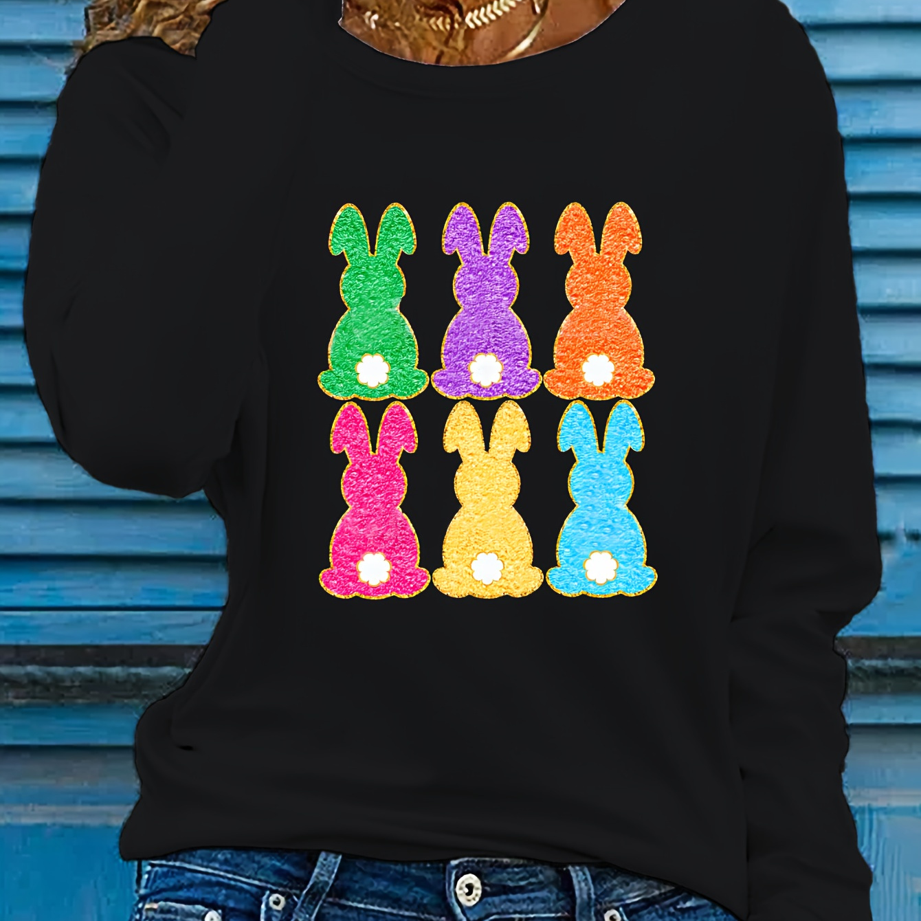 

Easter Graphic Print T-shirt, Long Sleeve Crew Neck Casual Top For Spring & Fall, Women's Clothing