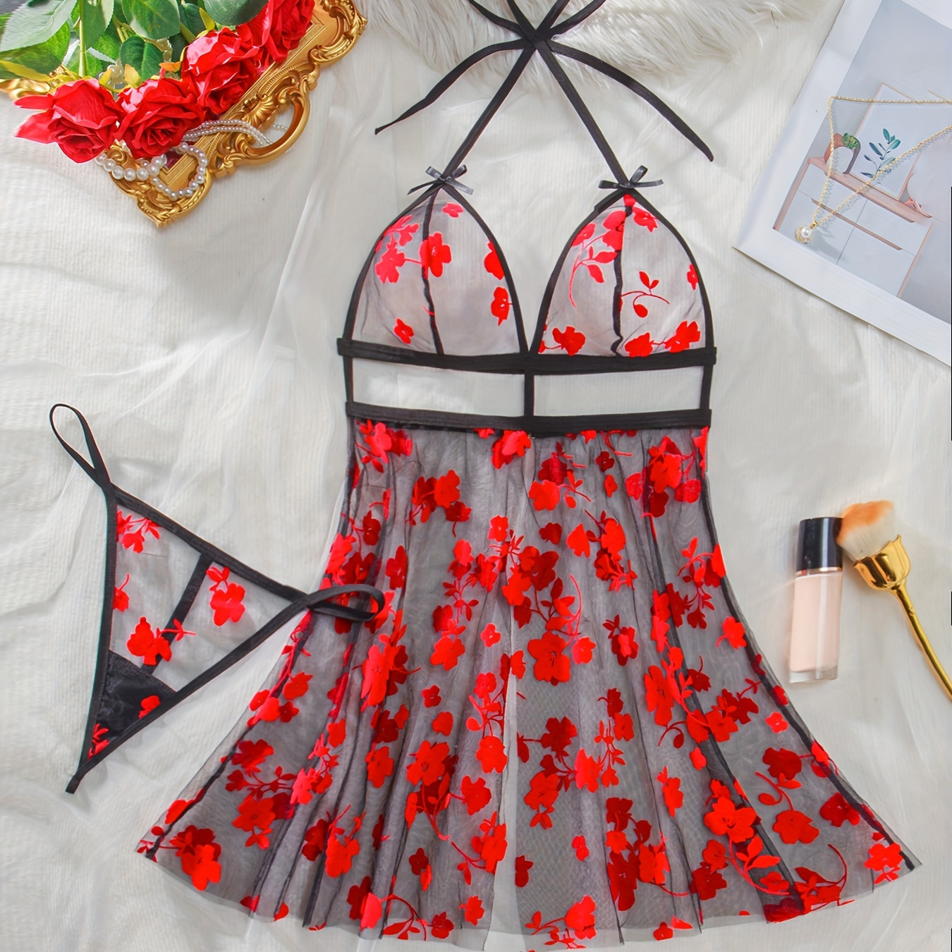 

Hot Floral Print Mesh Dress, Halter Semi Sheer Babydoll, Women's Sexy Lingerie & Underwear