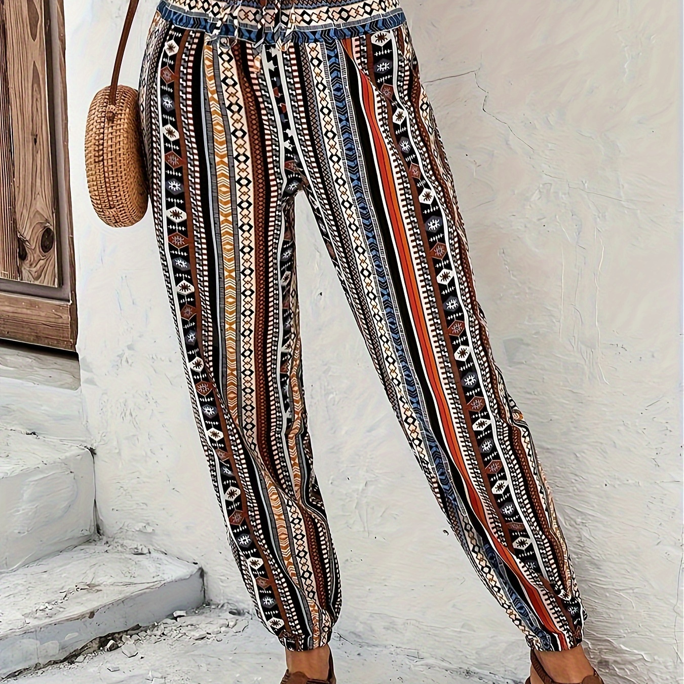 

Ethnic Print Tie Front Pants, Vacation Style High Waist Loose Jogger Pants, Women's Clothing