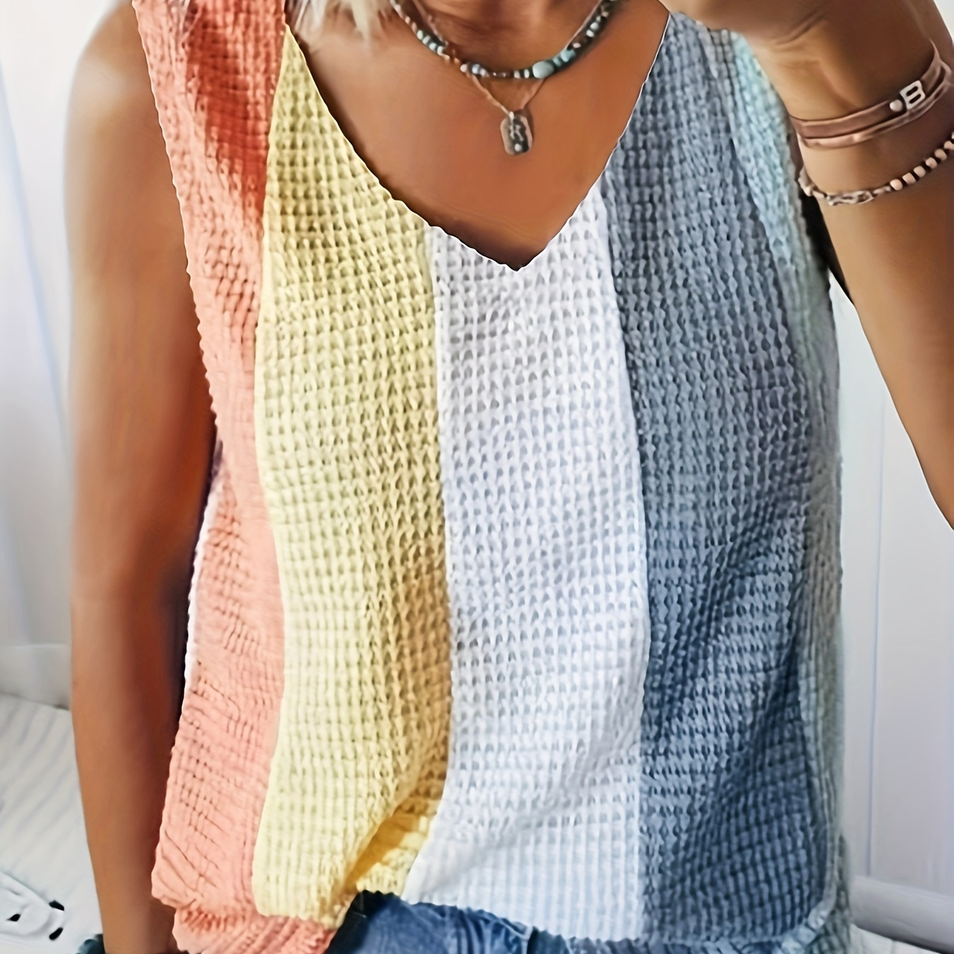 

Waffle Knitted Color Block Tank Top, Casual Sleeveless Tank Top For Summer, Women's Clothing