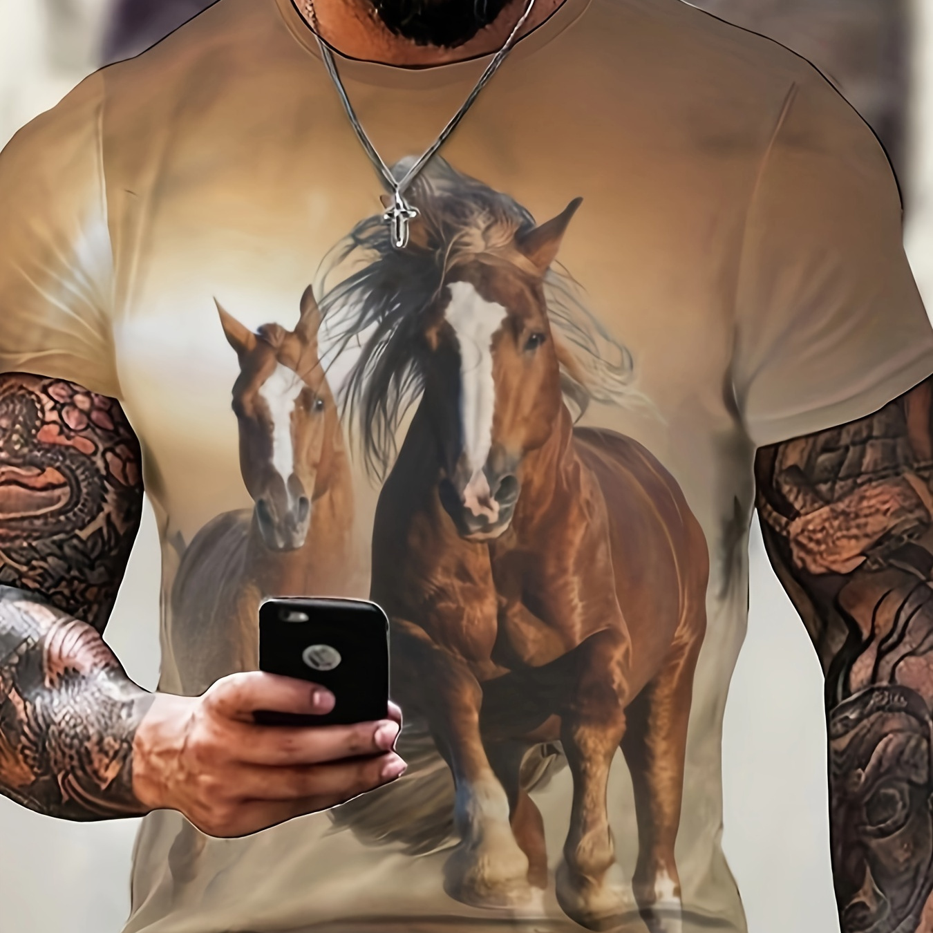 

Horses 3d Graphic Print Men's Novelty Short Sleeve Crew Neck T-shirt, Summer Outdoor