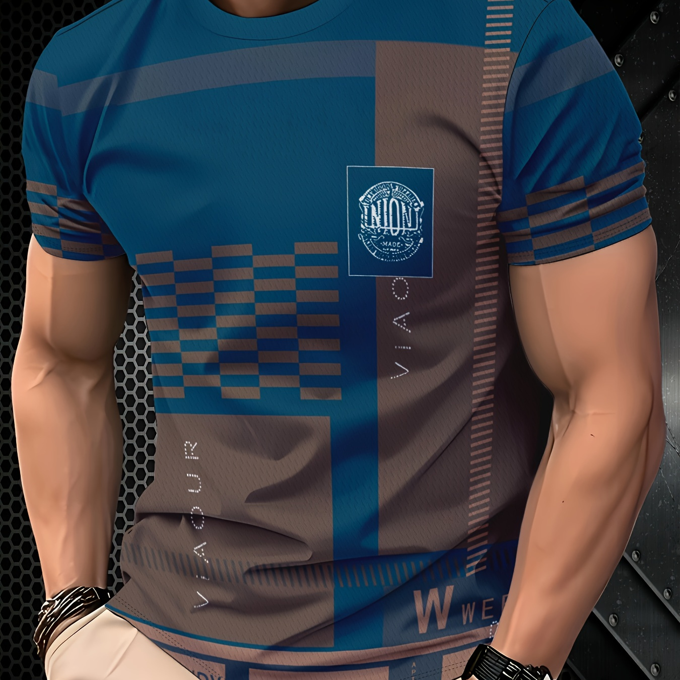T-shirt casual masculina xadrez castanho azul marinho