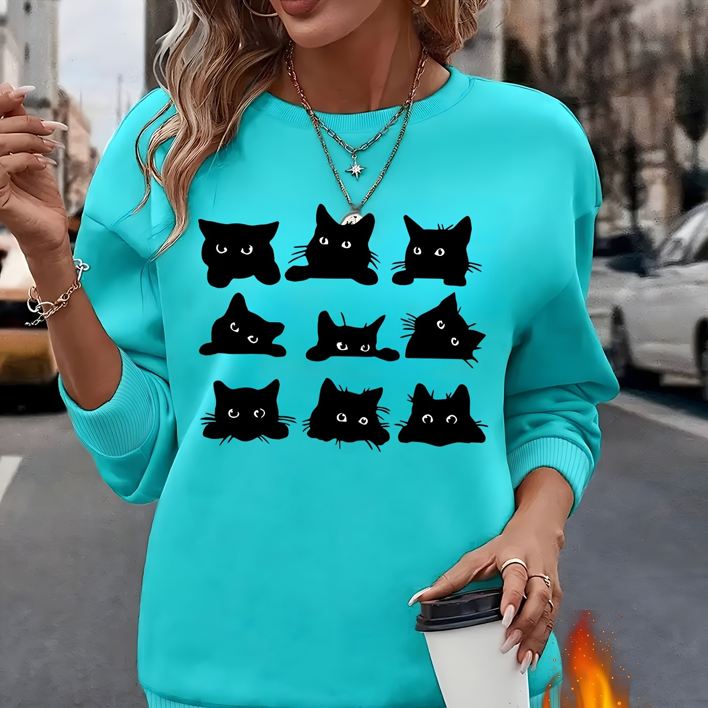 

Sweatshirt Doublé en à Col Rond avec Chat Cartoon pour Femme - Pull Élégant à Manches Longues, Lavable en Machine