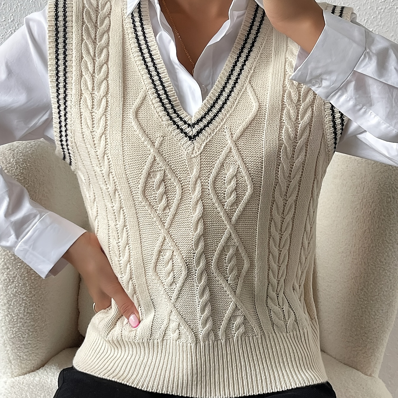 

Elegant V-neck Sweater Vest For Women - Cable Knit, Polyester, Hand Wash/, Twist Color, Sweater