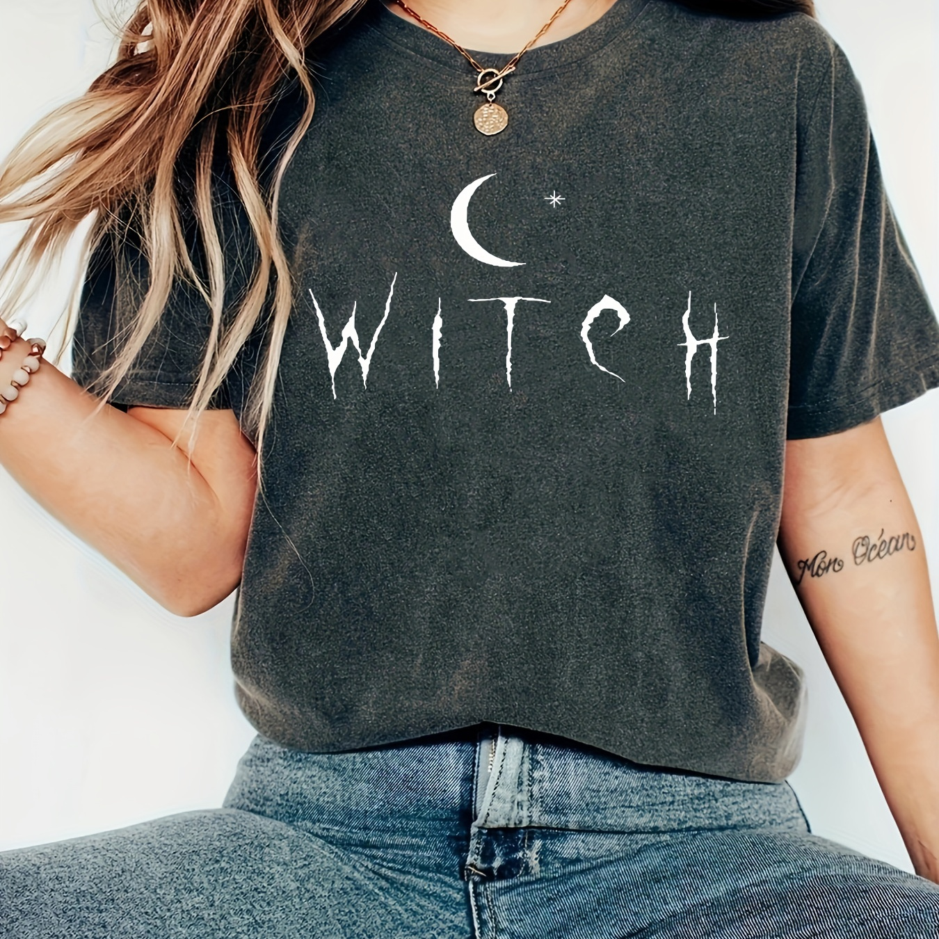

Witch Letter Print T-shirt, Short Sleeve Crew Neck Casual Top For Summer & Spring, Women's Clothing