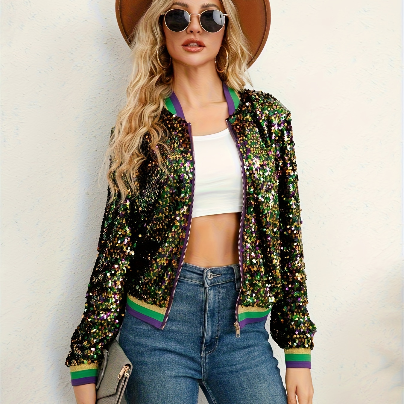 

Contrast Sequin Bomber Jacket, Casual Zip Up Long Sleeve Outerwear, Women's Clothing
