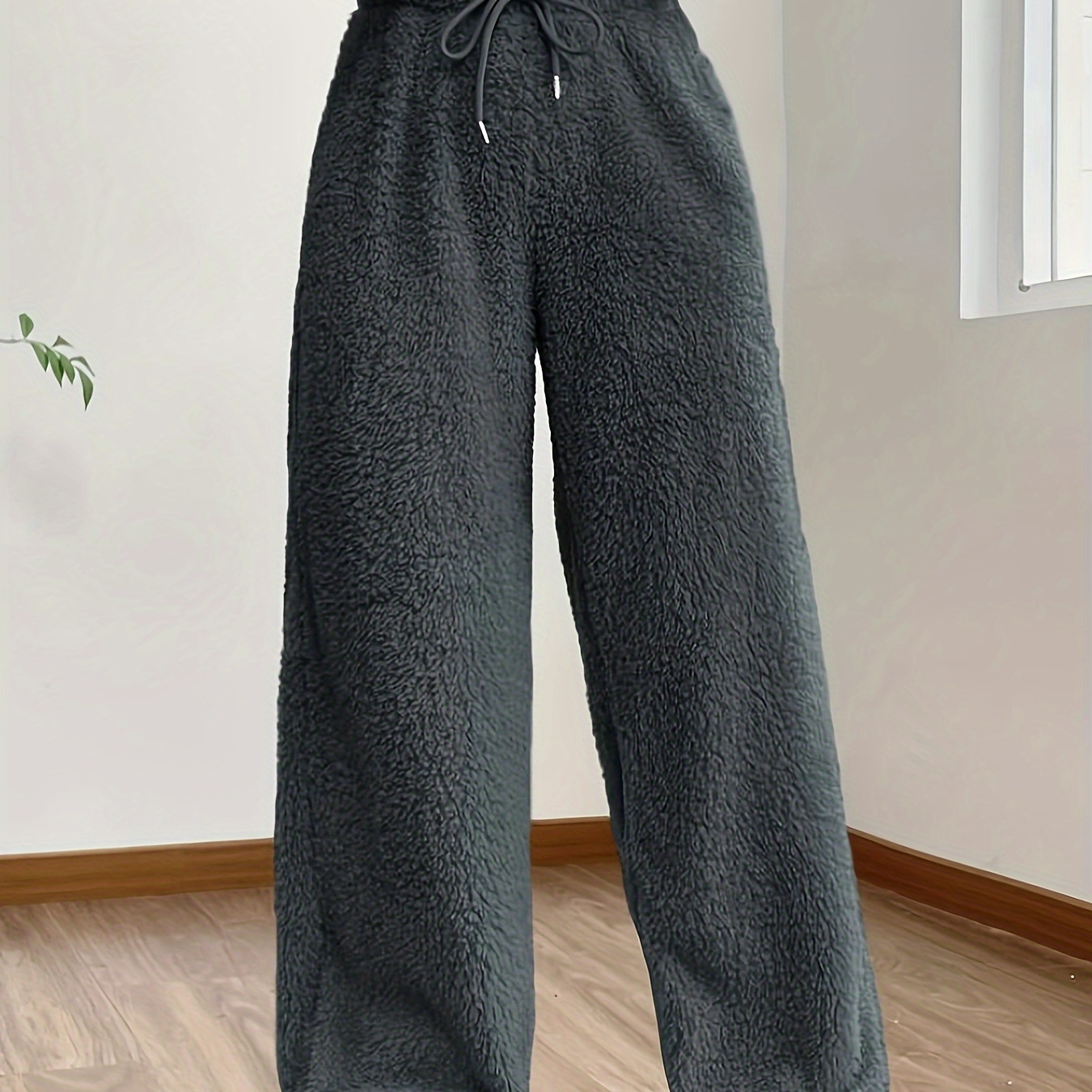 

Solid Teddy Drawstring Pants, Casual Wide Leg Pants For Fall & Winter, Women's Clothing
