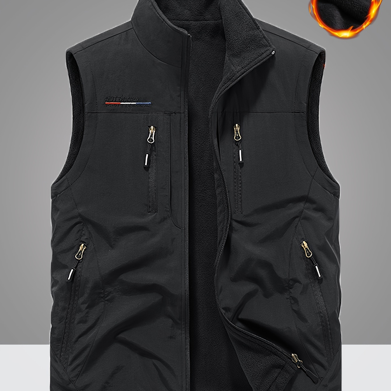 

: Thickened Casual Vests For Men In Autumn And, Featuring Fleece Lining, Multiple Pockets, Solid Color, Fishing And Photography, With A Zipper.