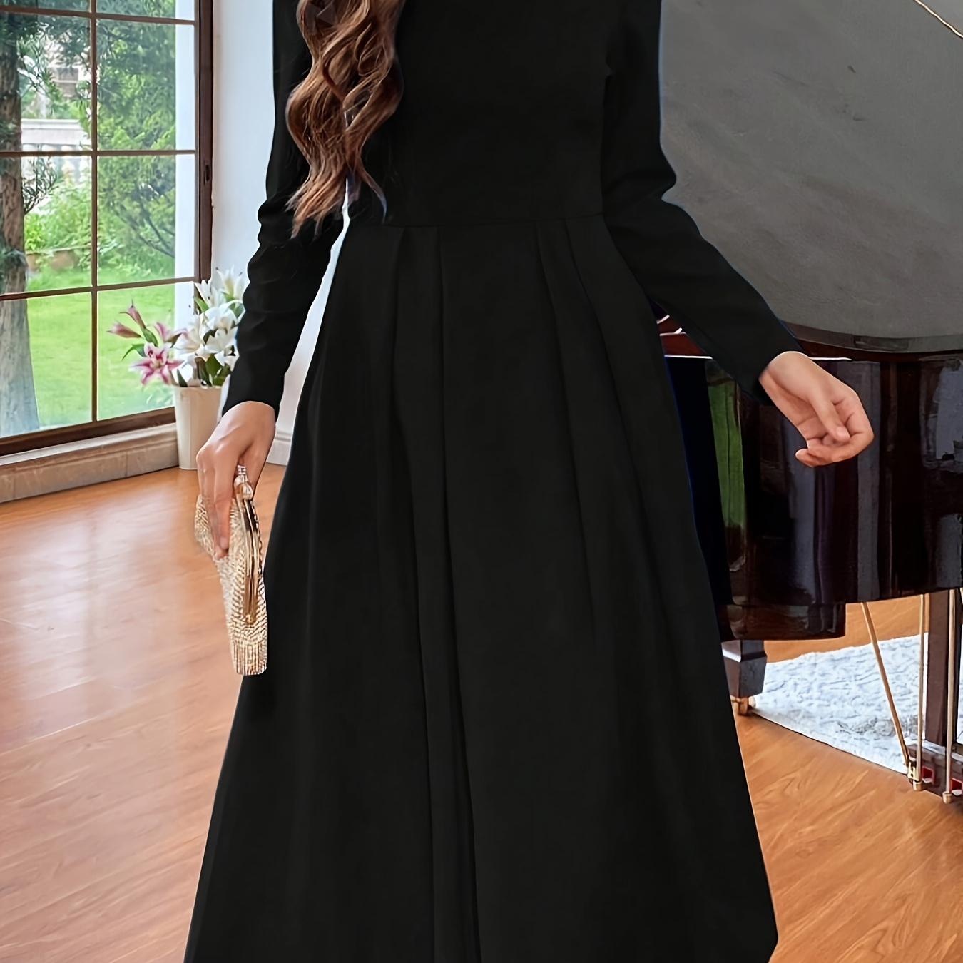 

Solid Color Crew Neck Dress, Elegant Long Sleeve Flowy Dress For Spring & Fall, Women's Clothing