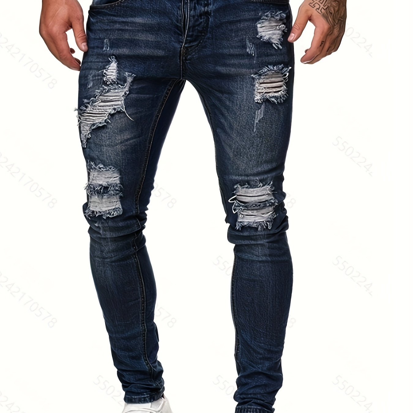 

Slim Fit Ripped Jeans, Men's Casual Street Style Distressed Mid Stretch Denim Pants For Spring Summer